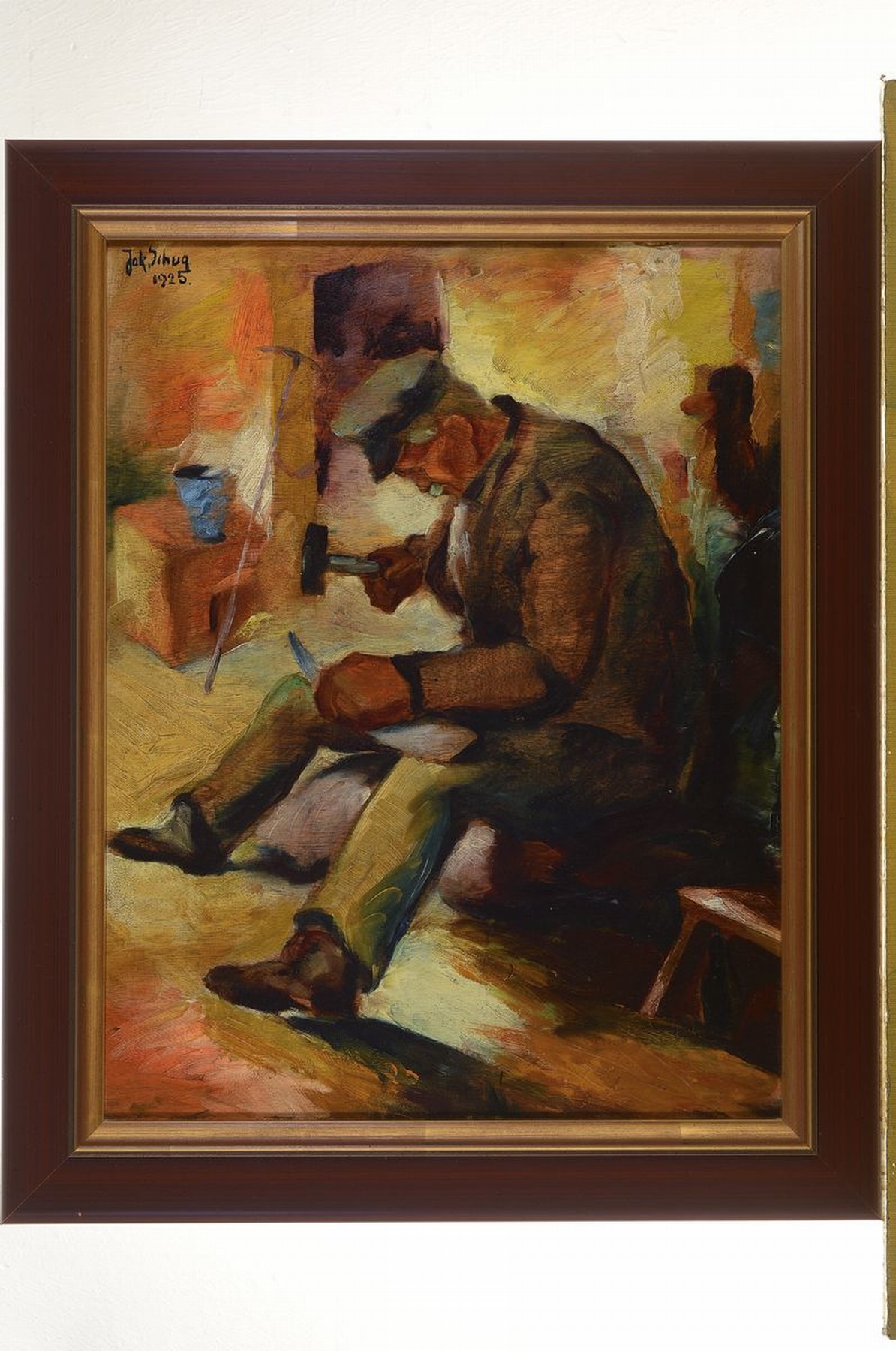 Detail k: Jakob Schug, 1896-1961, saarländischer Maler, Schuster bei der Arbeit, Öl/Malkarton, links oben signiert und dat. 1925, ca. 54x 42cm, R. ca. 67x55cm