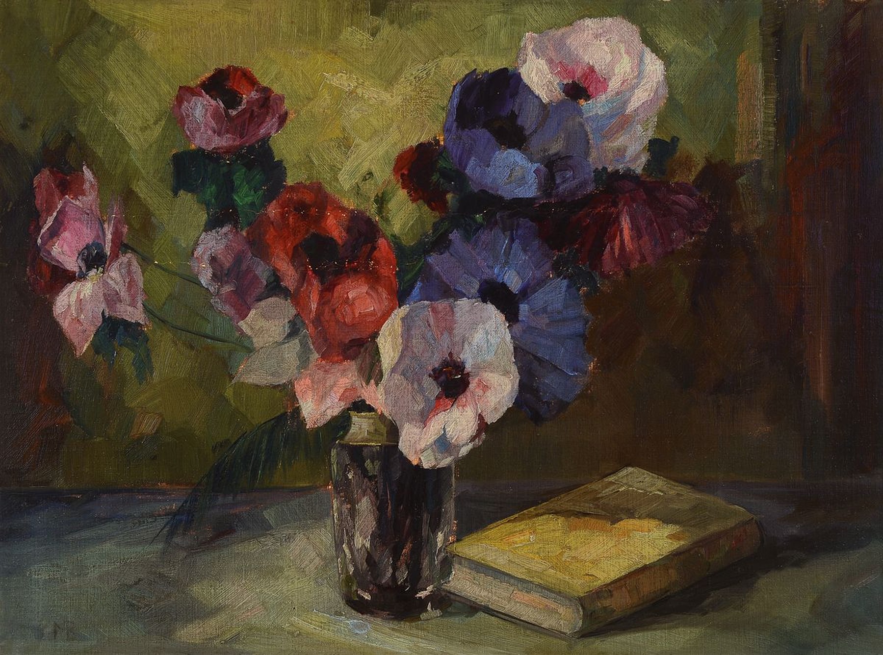 Unbekannter Maler, deutsch, um 1900, Stillleben mit Blumen und Buch, Öl/Lwd, rest., ca. 45x60cm, R. ca. 52x67cm
