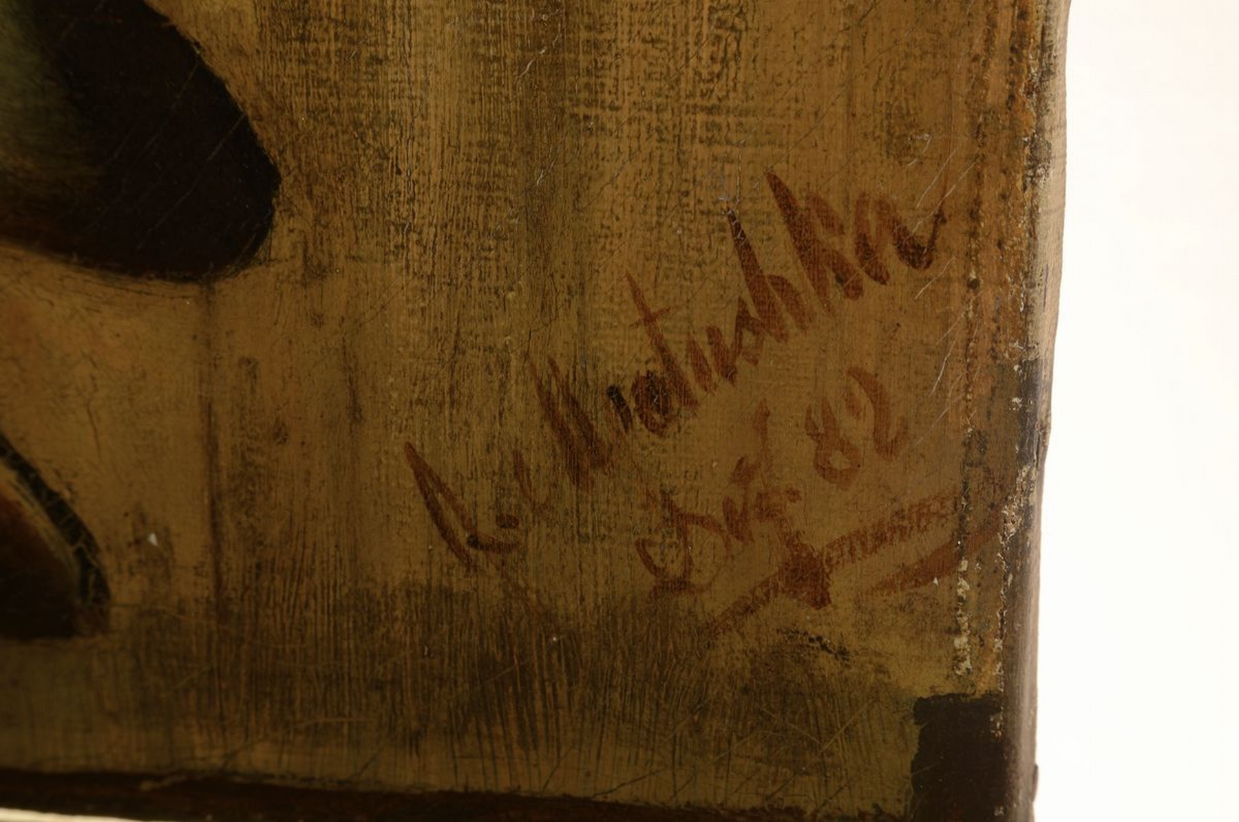 Detail a: R. Matushka, datiert (18)82, erlegter Hase an der Holzwand, Öl/Lwd, feine naturalistische Malerei mit fein abgestuften Brauntönen, rest., rechts ...