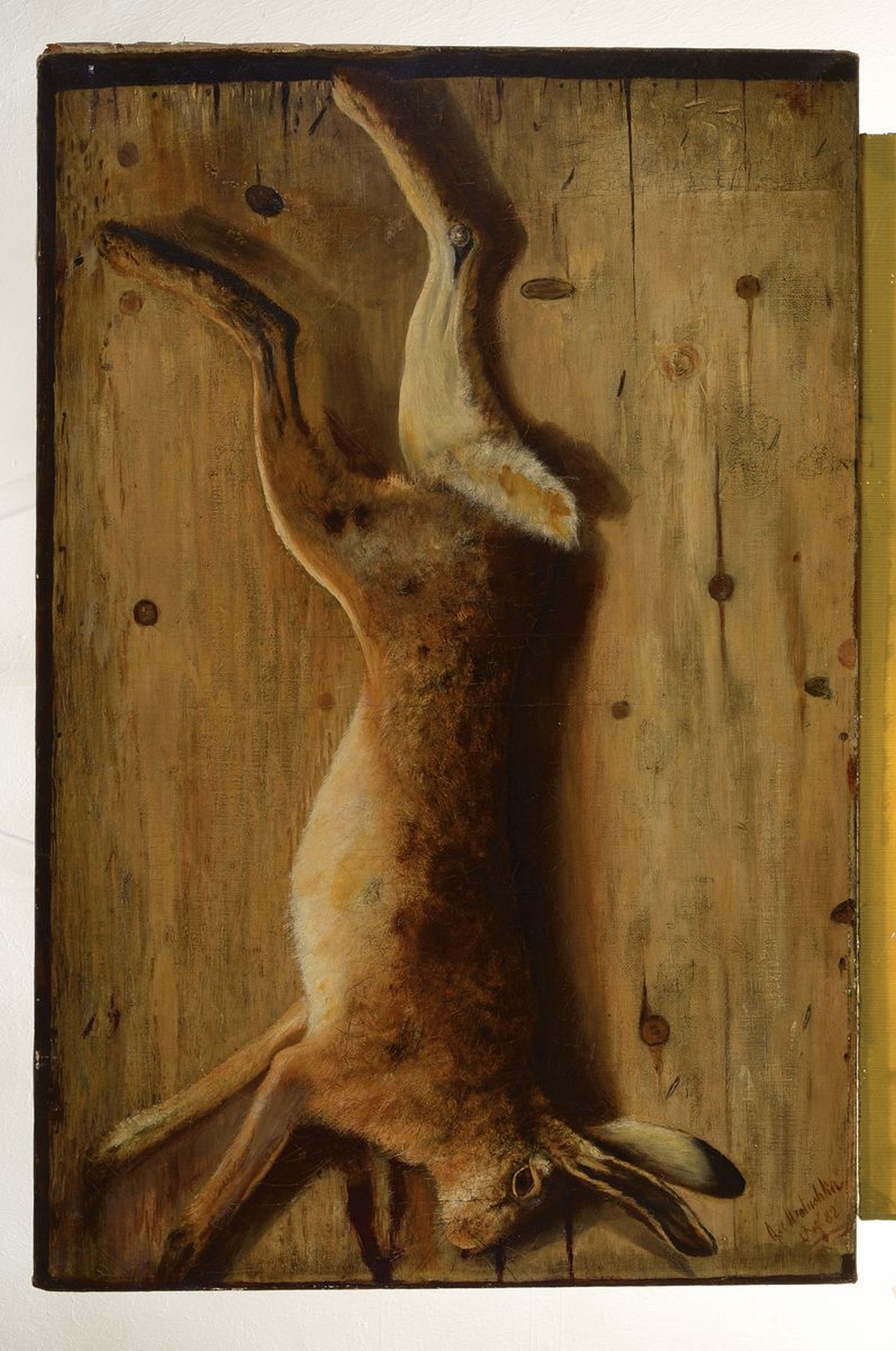 Detail k: R. Matushka, datiert (18)82, erlegter Hase an der Holzwand, Öl/Lwd, feine naturalistische Malerei mit fein abgestuften Brauntönen, rest., rechts ...