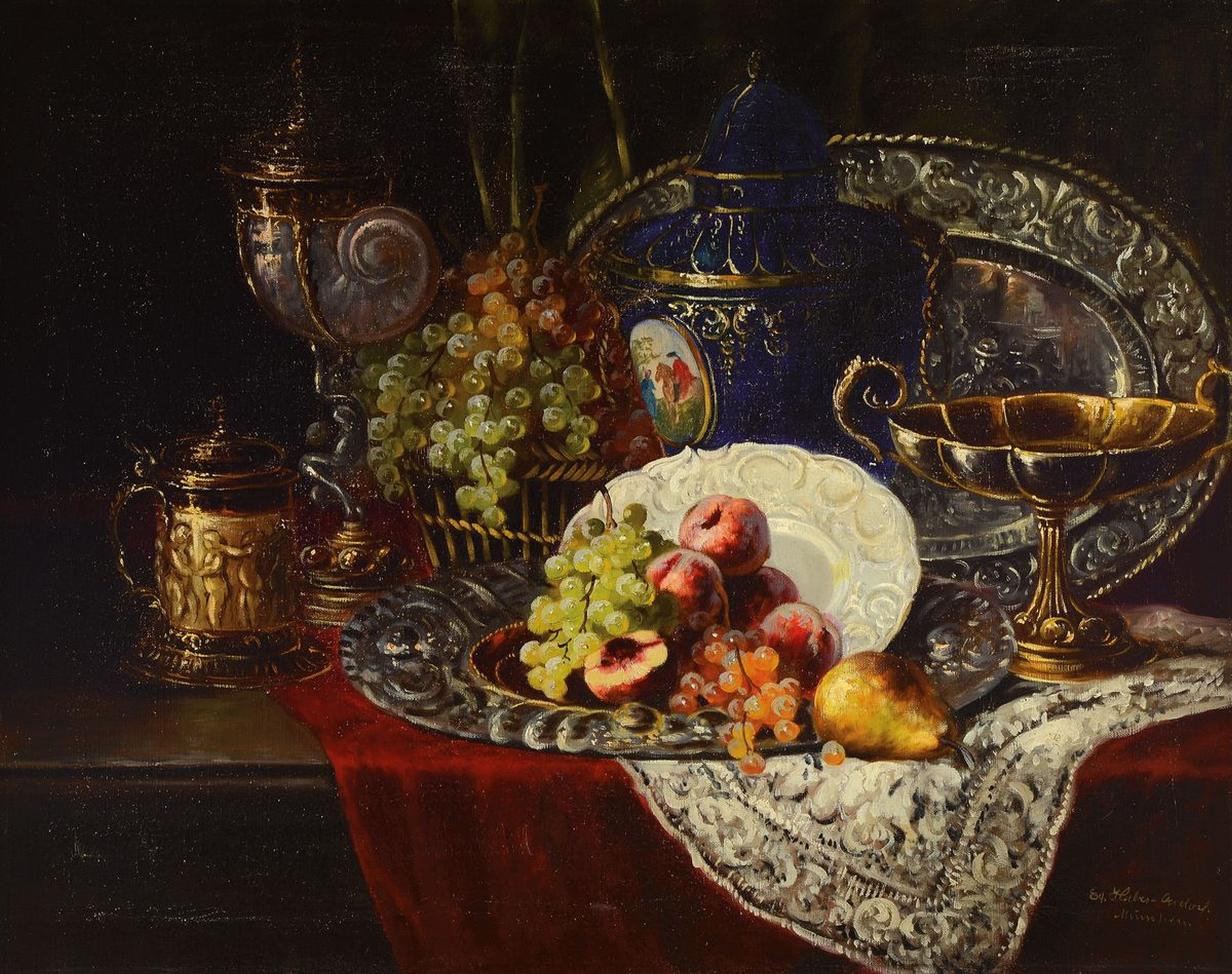 Eduard Huber-Andorf, 1877 Grafing-1965 Germering, Üppiges Renaissance-Stillleben mit Nautiluspokal, Silber, Porzellanvase und Früchten, Öl/Lwd, ...