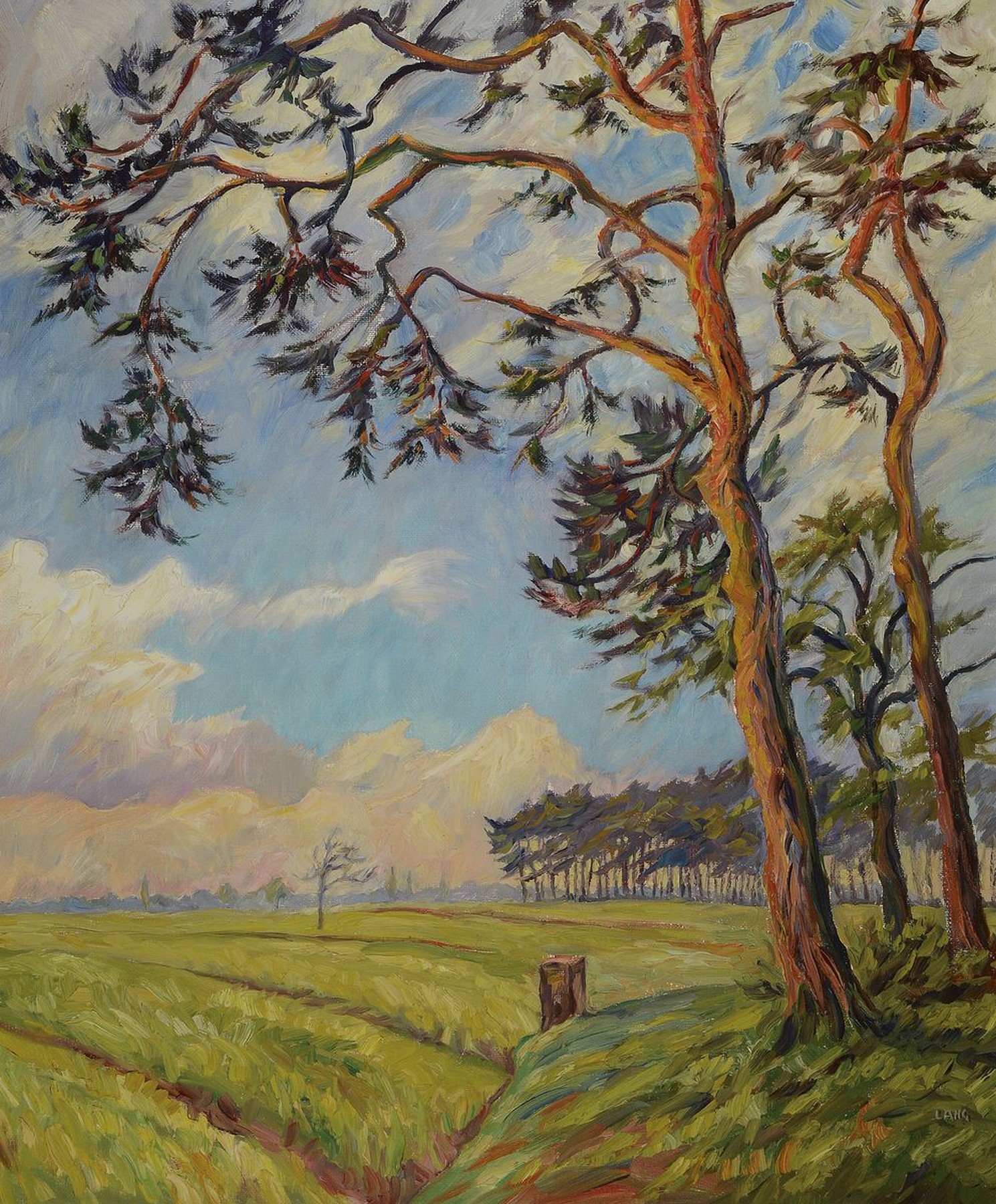 Lang, deutscher Maler, 1. Hälfte 20. Jh., Sommerliche Landschaft, Öl/Lwd, rechts unten signiert, ca. 80x66cm, R. ca. 88x74cm
