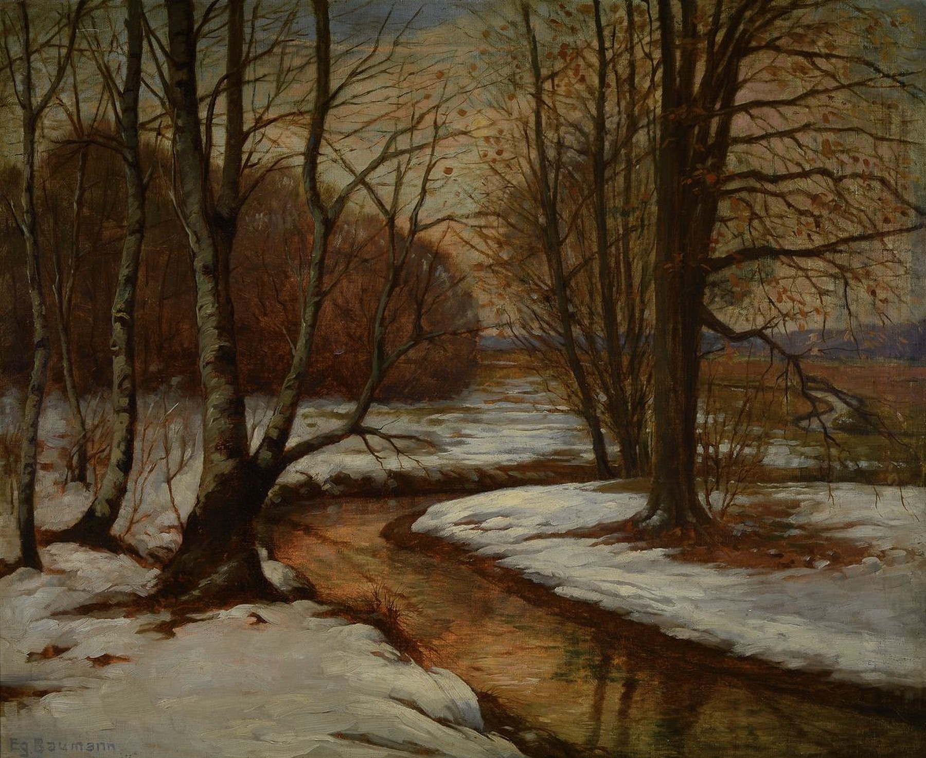 Egon Baumann, deutscher Maler der 1. Hälfte des 20. Jh., Winterlandschaft mit Bachlauf im Wald, Öl/Lwd, links unten signiert, ca. 70x86cm, R. ca. ...