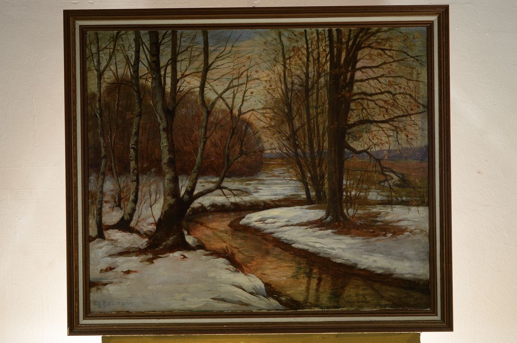 Detail k: Egon Baumann, deutscher Maler der 1. Hälfte des 20. Jh., Winterlandschaft mit Bachlauf im Wald, Öl/Lwd, links unten signiert, ca. 70x86cm, R. ca. ...