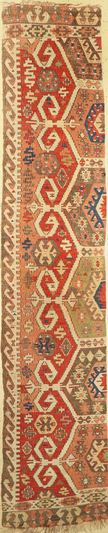 Malatia Kelim antik, Türkei, Mitte 19.Jhd., Wolle auf Wolle, ca. 380 x 73 cm, EHZ: 3 (2 Bahnig)