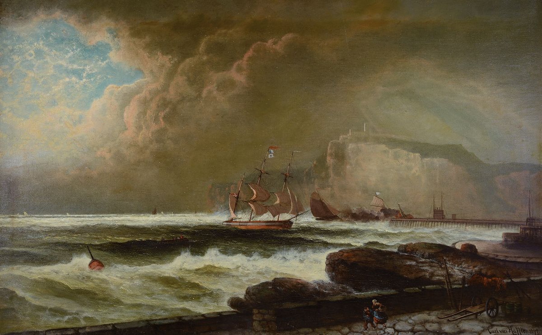 Carl Freiherr von Hafften, 1834 Wismar-1884 Dresden, Segelboote im Sturm vor einem Hafen, Öl/Lwd, rechts unten signiert und dat. 1879, ca. 62x100cm, ...
