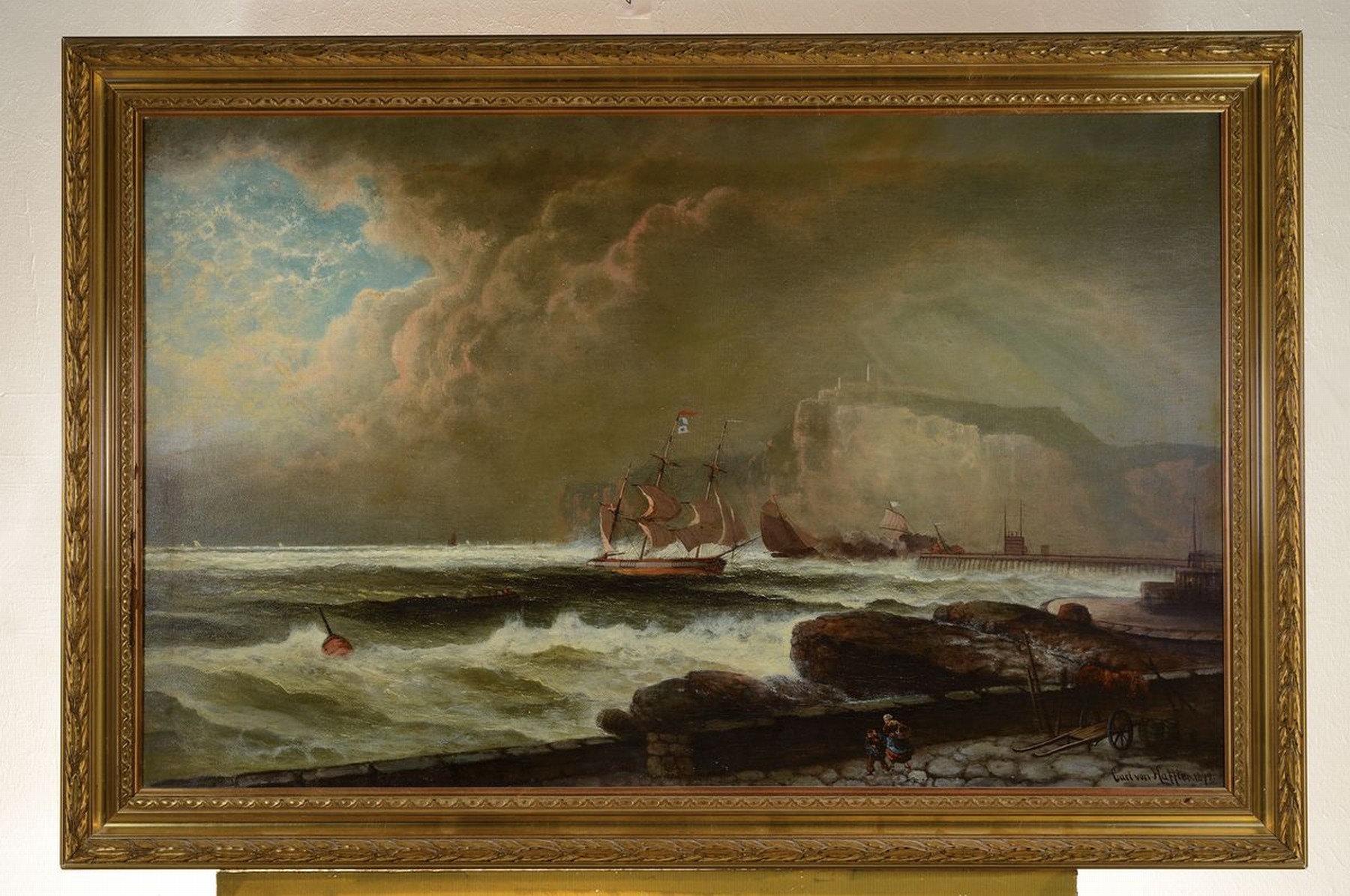 Detail k: Carl Freiherr von Hafften, 1834 Wismar-1884 Dresden, Segelboote im Sturm vor einem Hafen, Öl/Lwd, rechts unten signiert und dat. 1879, ca. 62x100cm, ...