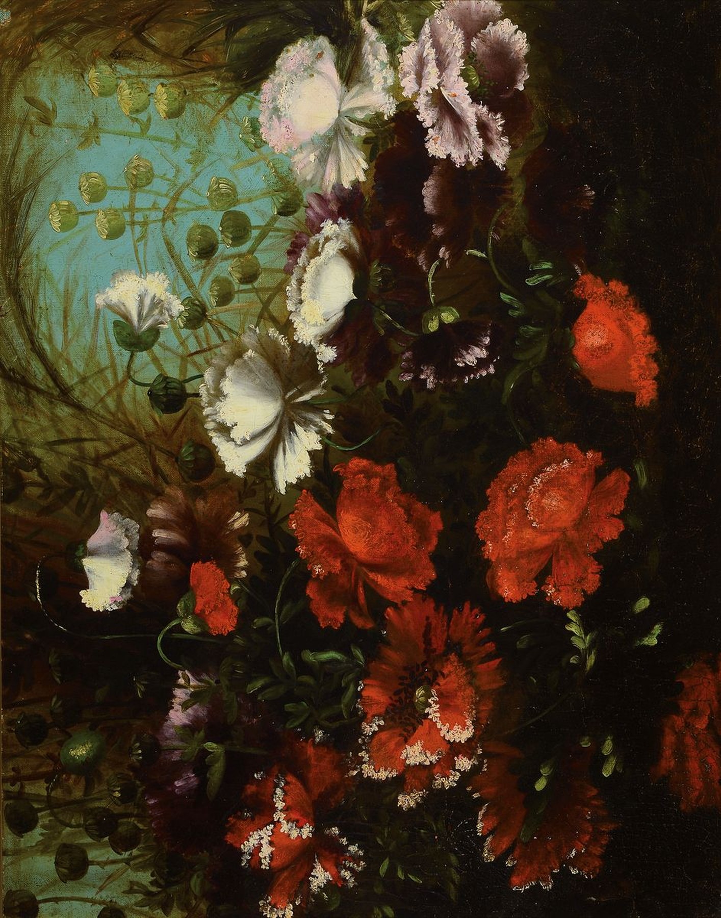 Unbekannter Künstler, süddeutsch, um 1870, rote und weiße Mohnblumen, Öl/Lwd, restauriert, doubliert, Keilrahmen erneuert, ca. 48x61cm, R. ca. ...