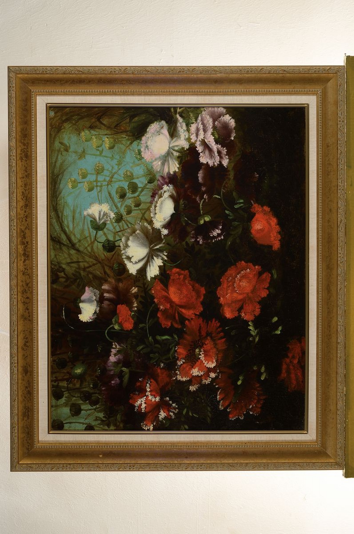 Detail k: Unbekannter Künstler, süddeutsch, um 1870, rote und weiße Mohnblumen, Öl/Lwd, restauriert, doubliert, Keilrahmen erneuert, ca. 48x61cm, R. ca. ...