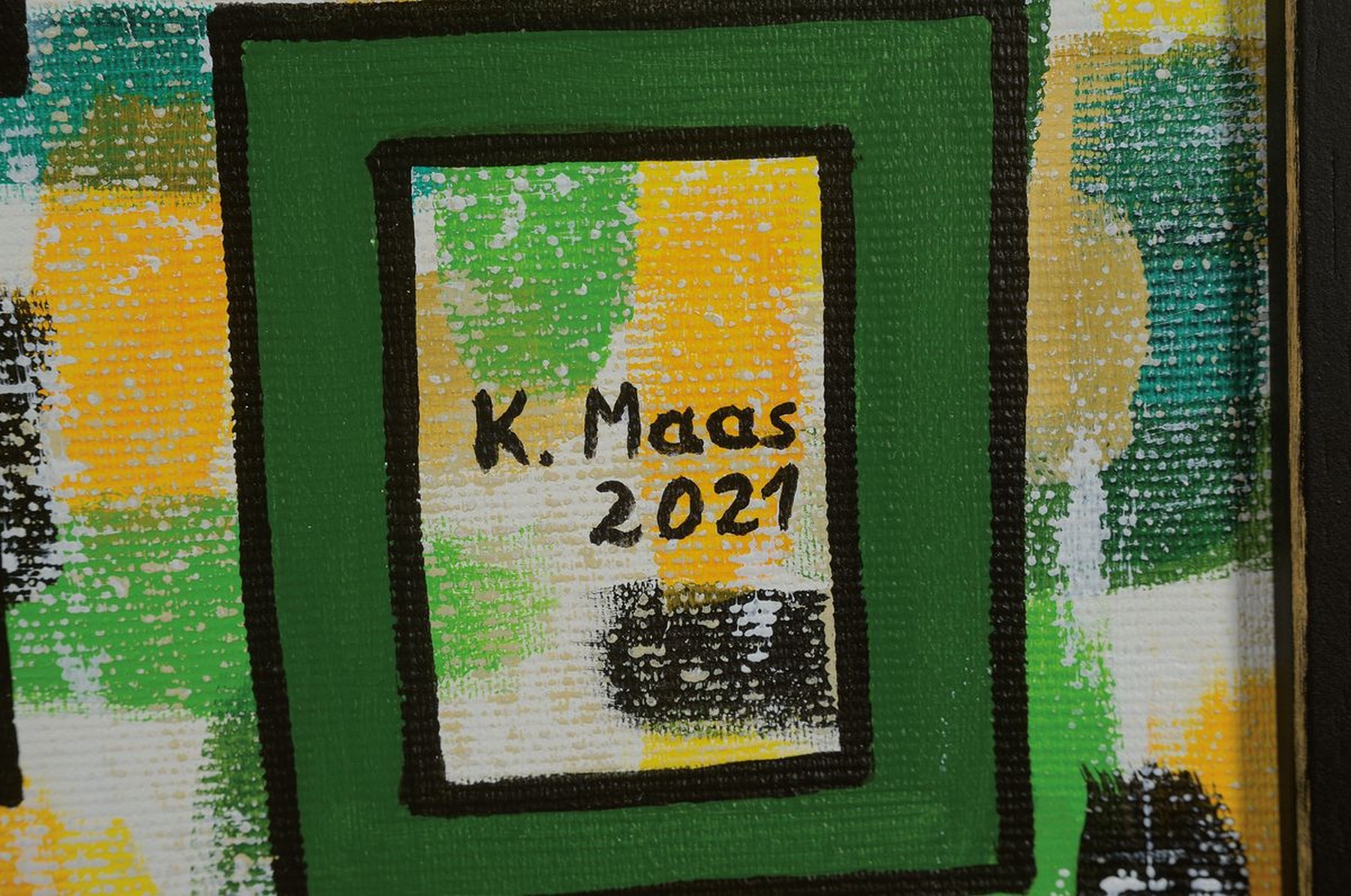 Detail c: Karin Maas, geb. 1952, Messen und Ausstellungen im In-und Ausland, Hier: "Hinter der Kulisse", Acryl/Lwd, rechts unten sign., dat. 2001, ...