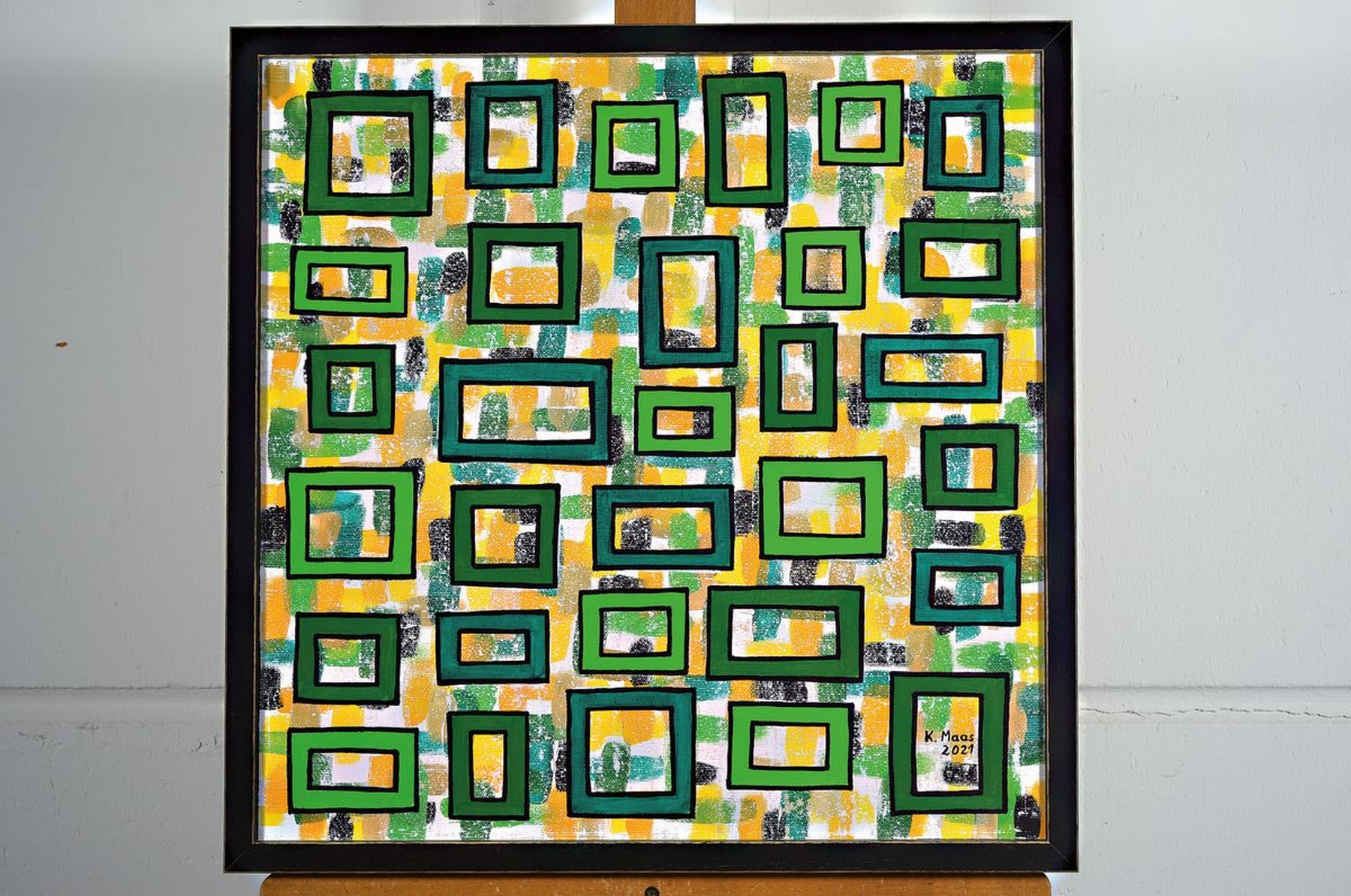 Detail k: Karin Maas, geb. 1952, Messen und Ausstellungen im In-und Ausland, Hier: "Hinter der Kulisse", Acryl/Lwd, rechts unten sign., dat. 2001, ...