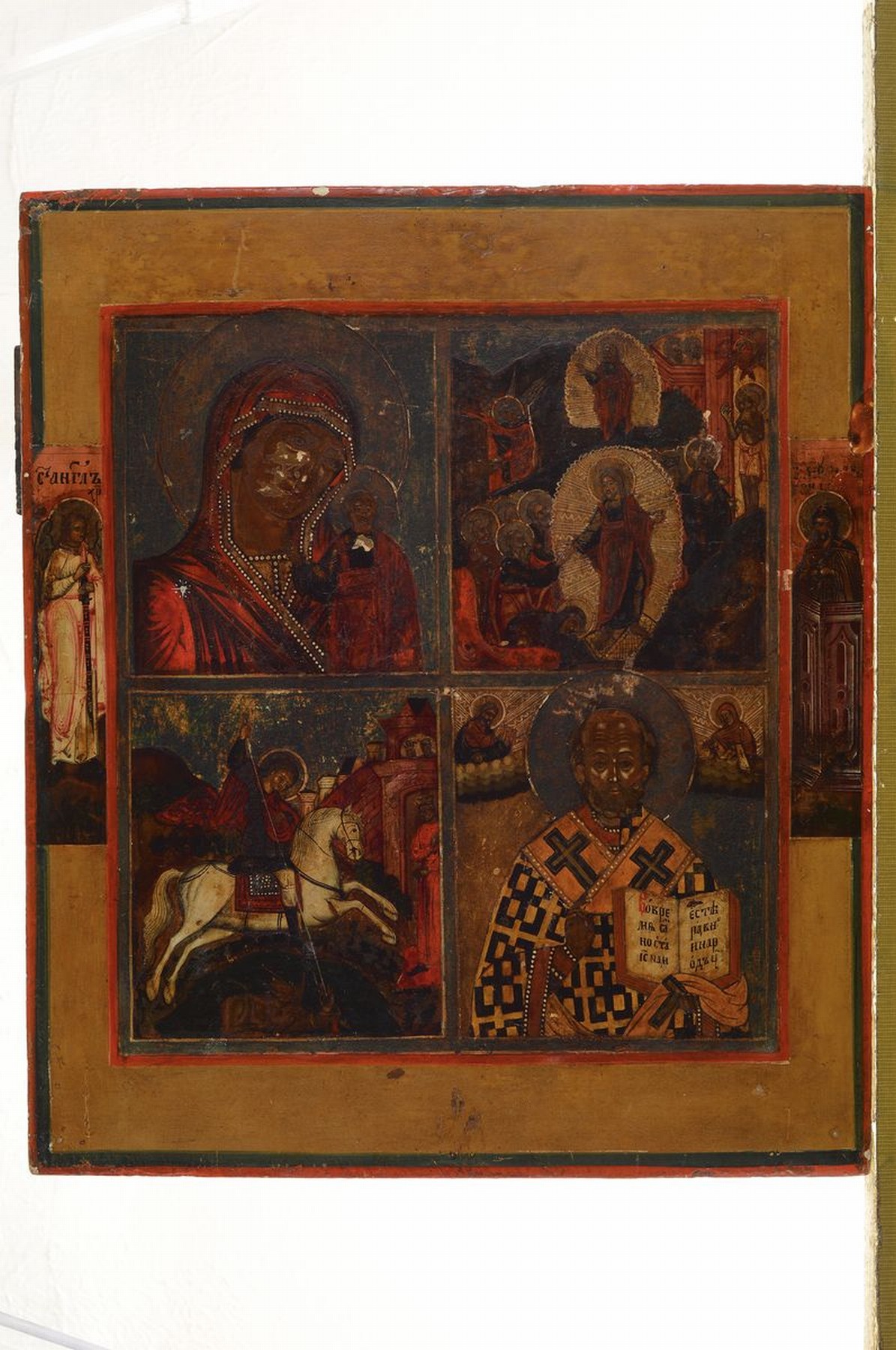 Detail k: Vierfelderikone, Russland, um 1830-60, Tempera auf Holz, Erzengel Gabriel und Hl. Johannes als Randheilige, mittig Christi Himmelfahrt, Hl. Georg, ...