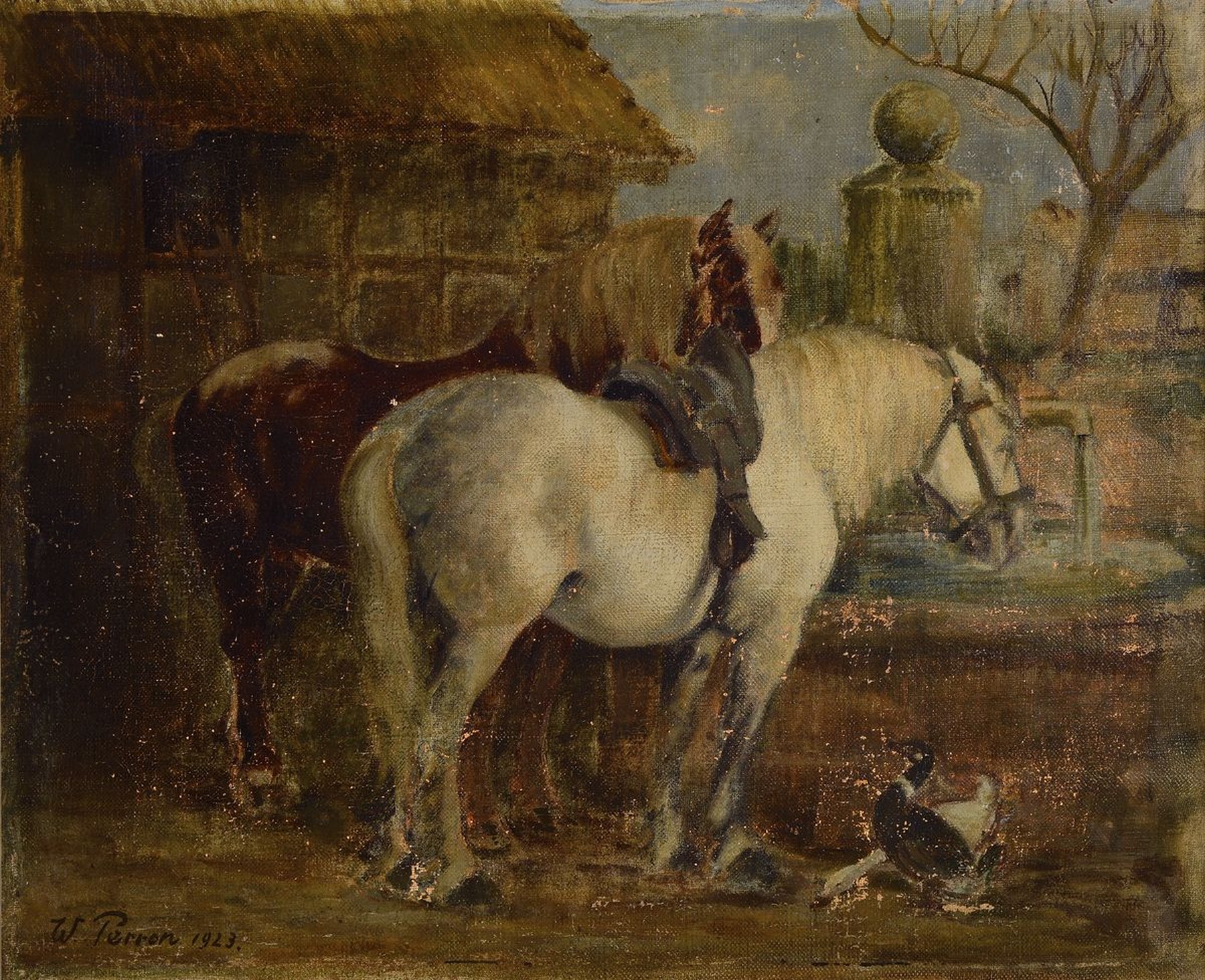 Walter Perron, 1885 Frankenthal-1972 Ludwigshafen, Pferde vor dem Stall, Öl/Lwd, links unten signiert und dat. 1923, altersbedingte ...