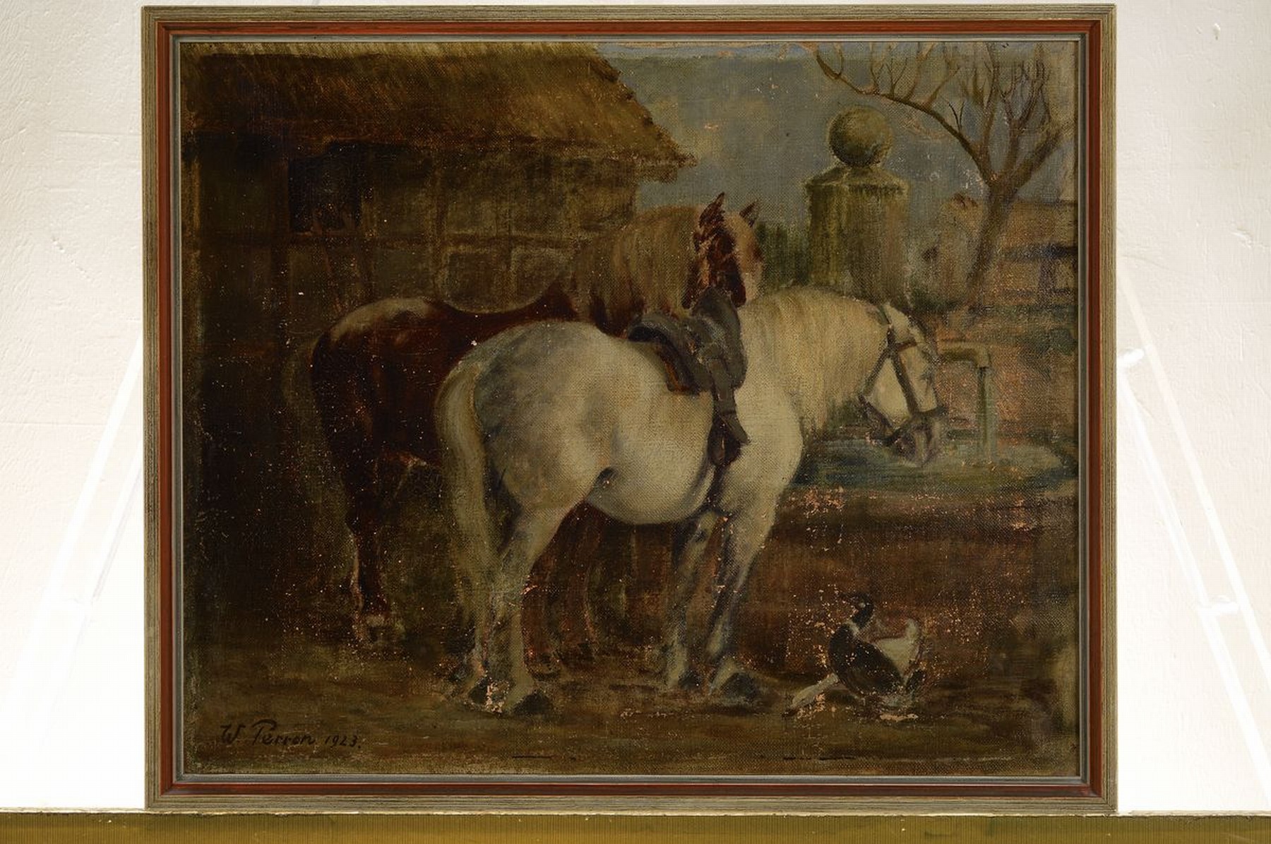 Detail k: Walter Perron, 1885 Frankenthal-1972 Ludwigshafen, Pferde vor dem Stall, Öl/Lwd, links unten signiert und dat. 1923, altersbedingte ...