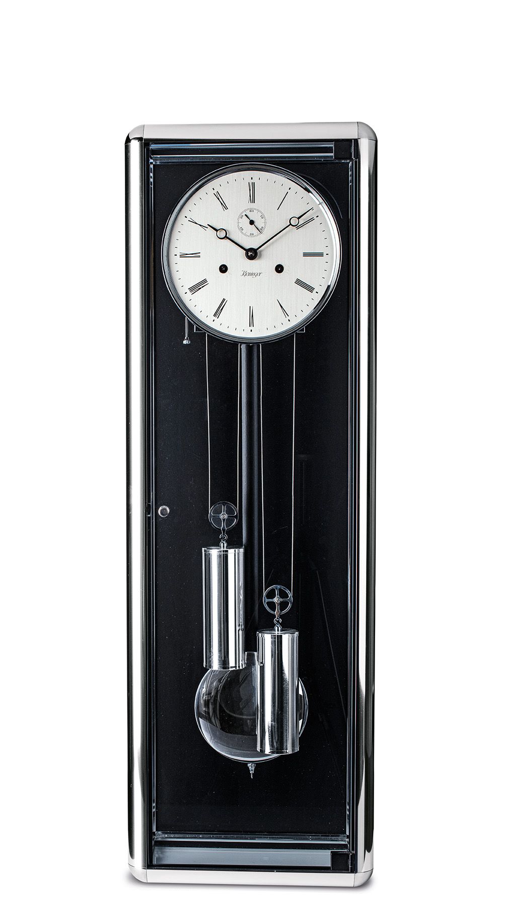 KIENINGER moderner 8-Tage Seilzug-Regulator mit Halbstundenschlag, Deutschland um 2000, 5-seitig vergl. Aluminiumgehäuse, poliert, silb. Zifferbl. ...