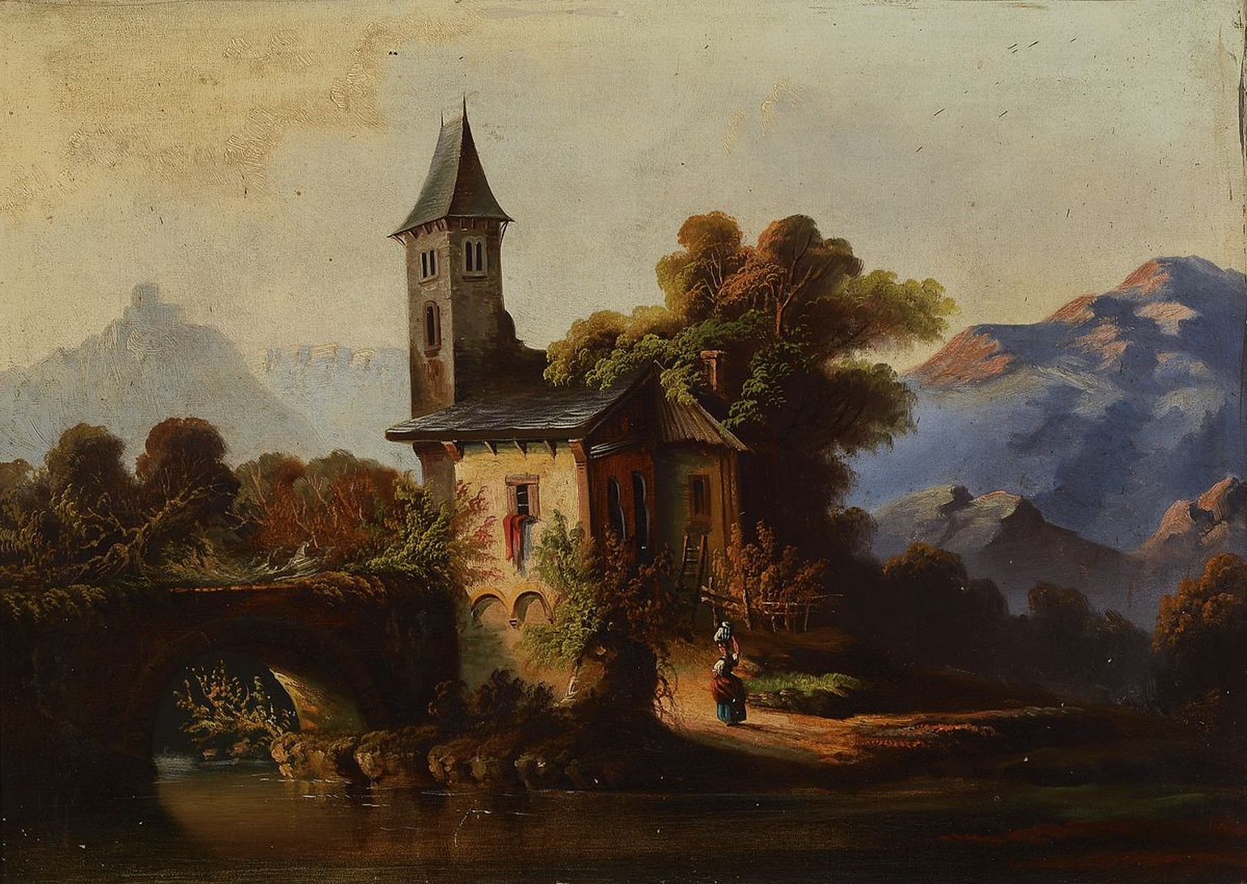 Unbekannter Künstler, Landschaftsmalerei mit Personenstaffagen vor einem Gebäude, Öl/Lwd, unsign., ca. 48x65 cm, R. 84x70 cm