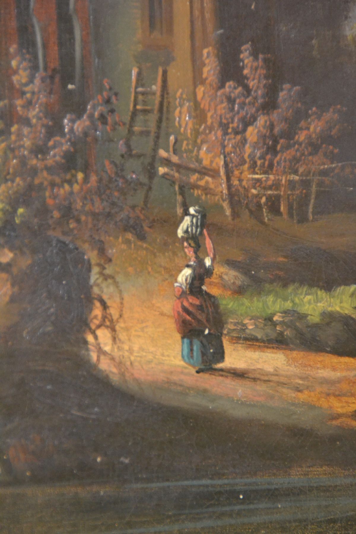 Detail b: Unbekannter Künstler, Landschaftsmalerei mit Personenstaffagen vor einem Gebäude, Öl/Lwd, unsign., ca. 48x65 cm, R. 84x70 cm
