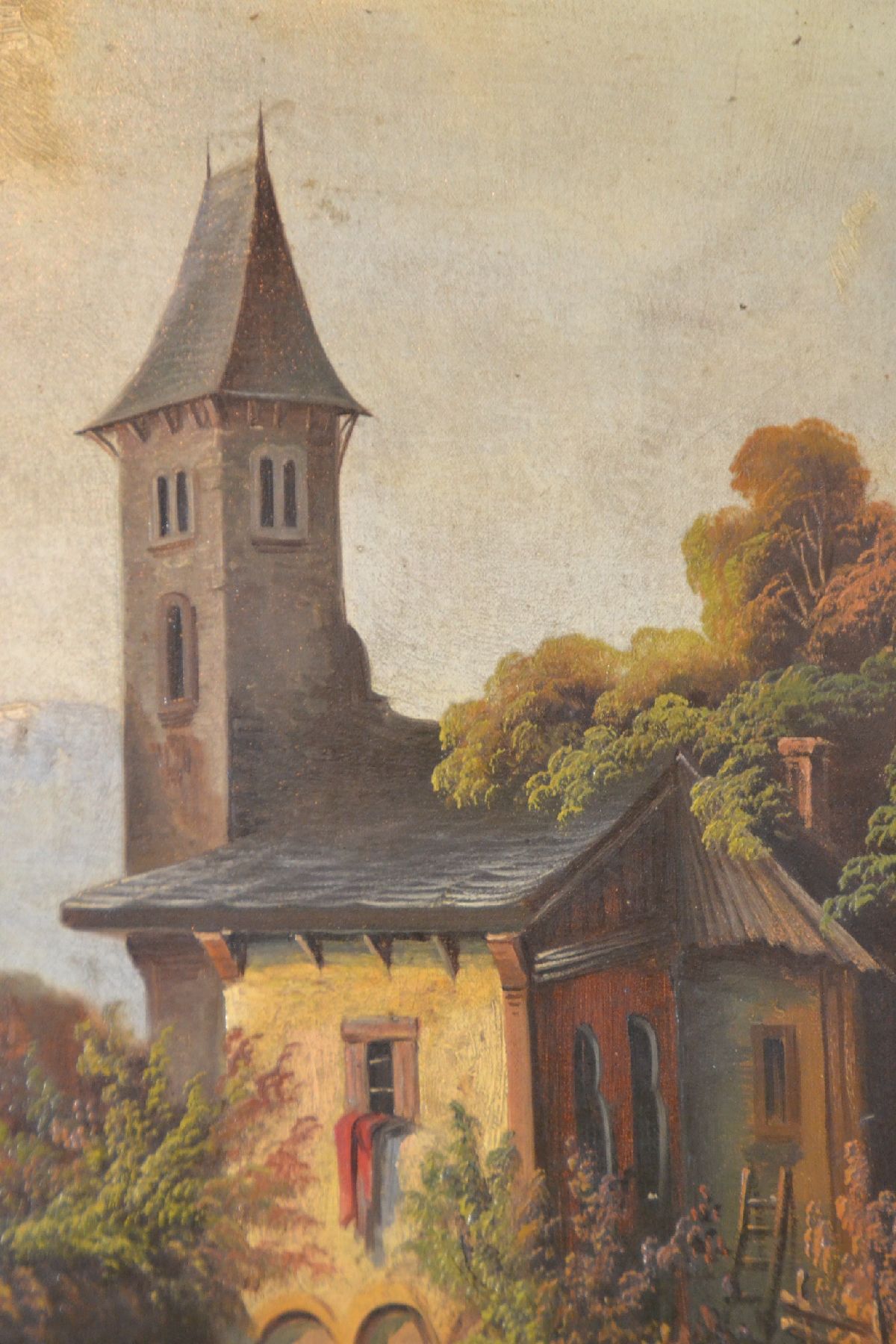 Detail c: Unbekannter Künstler, Landschaftsmalerei mit Personenstaffagen vor einem Gebäude, Öl/Lwd, unsign., ca. 48x65 cm, R. 84x70 cm