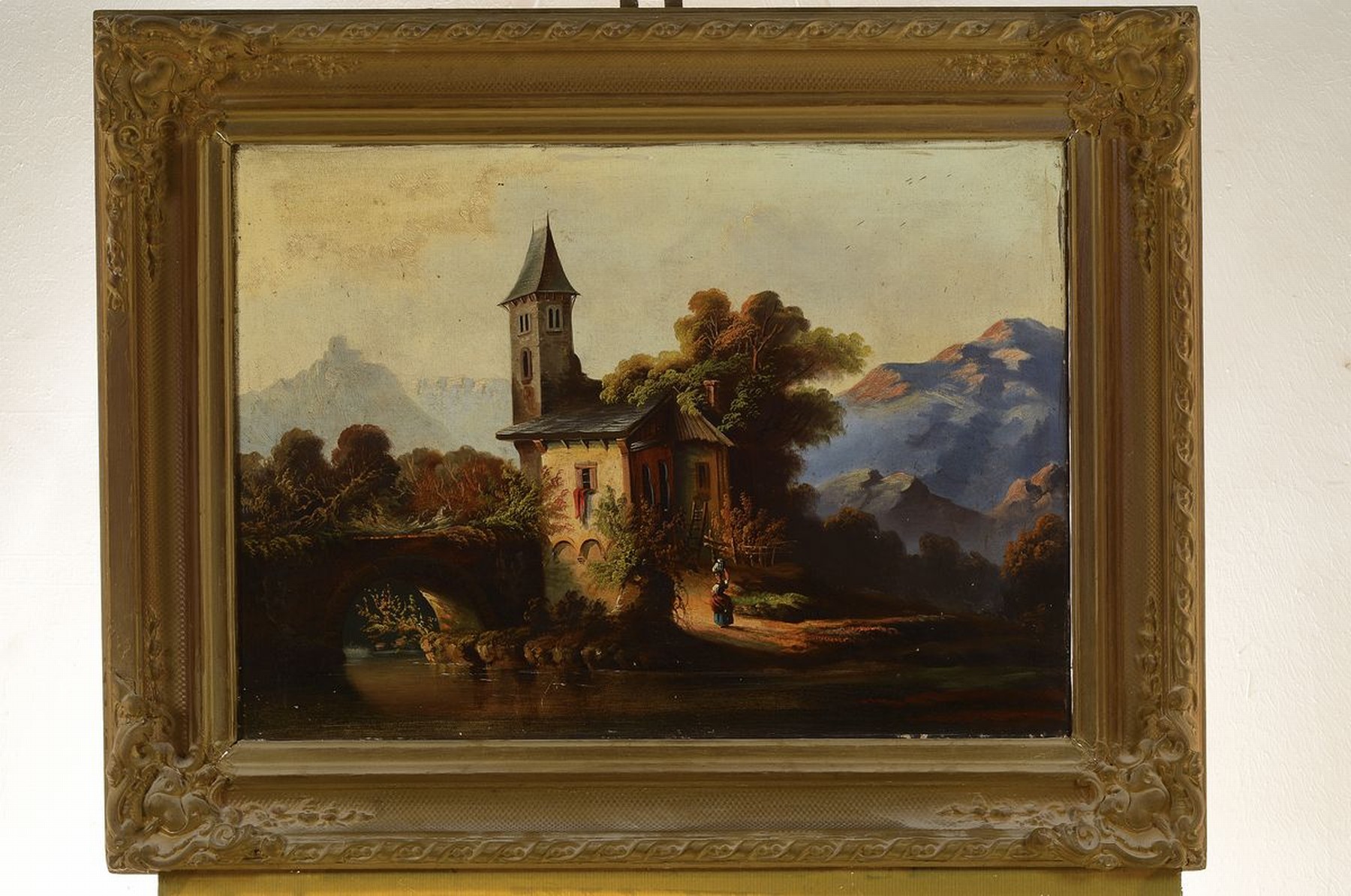 Detail k: Unbekannter Künstler, Landschaftsmalerei mit Personenstaffagen vor einem Gebäude, Öl/Lwd, unsign., ca. 48x65 cm, R. 84x70 cm