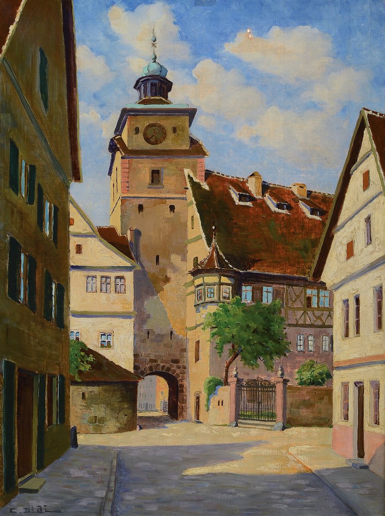 C.Didi, Ansicht von Rothenburg o.d.Tauber, Blick in die Georgengasse auf den weißen Turm,, Öl/Lwd, links unten sign., verso datiert 1931, rechts ...