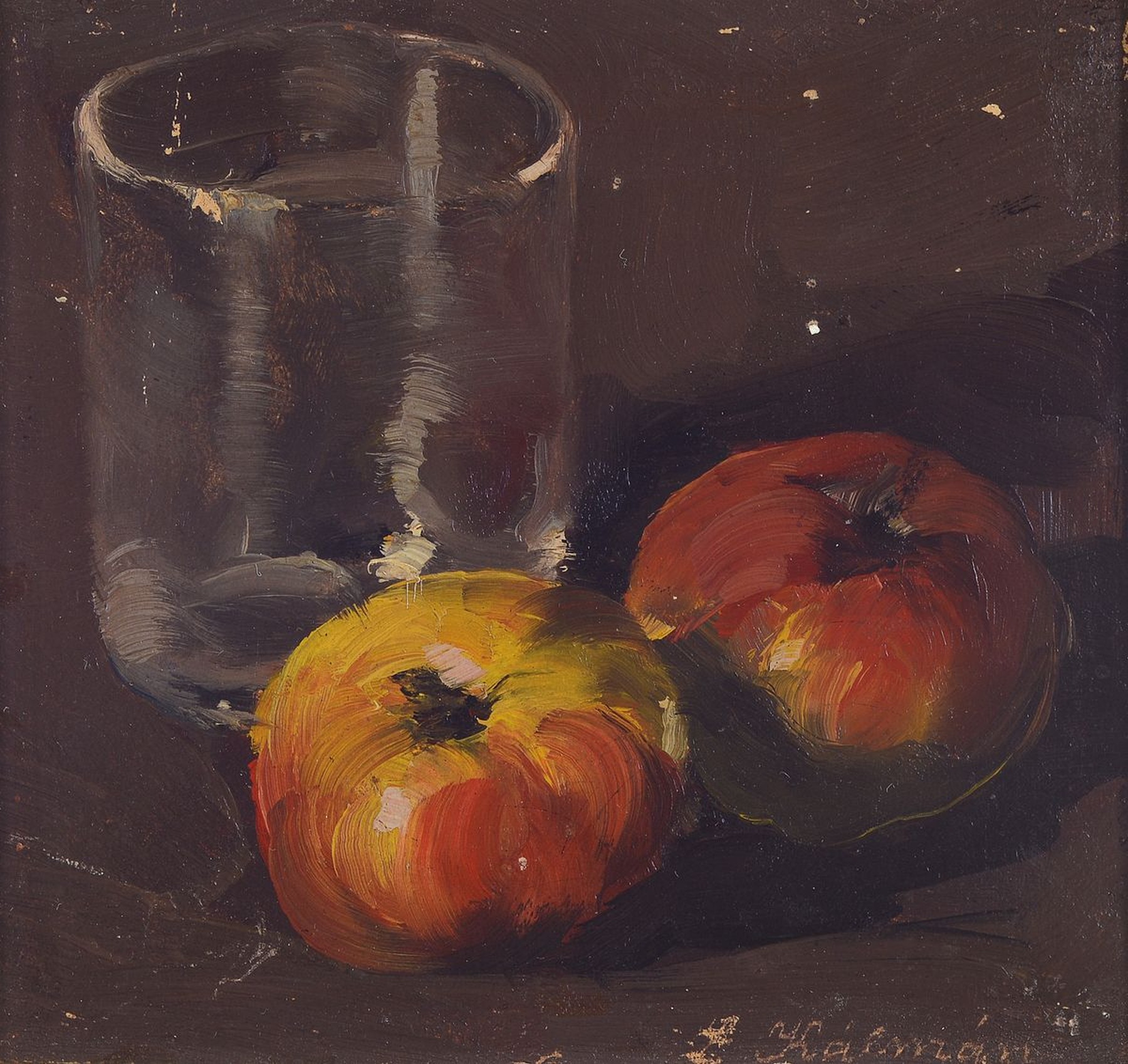 Peter Kalman, 1877 Zsablya-1948 Nussdorf, Stillleben mit Glas und zwei Äpfeln, Öl/ Malkarton, rechts unten signiert, ca. 12.5x13 cm