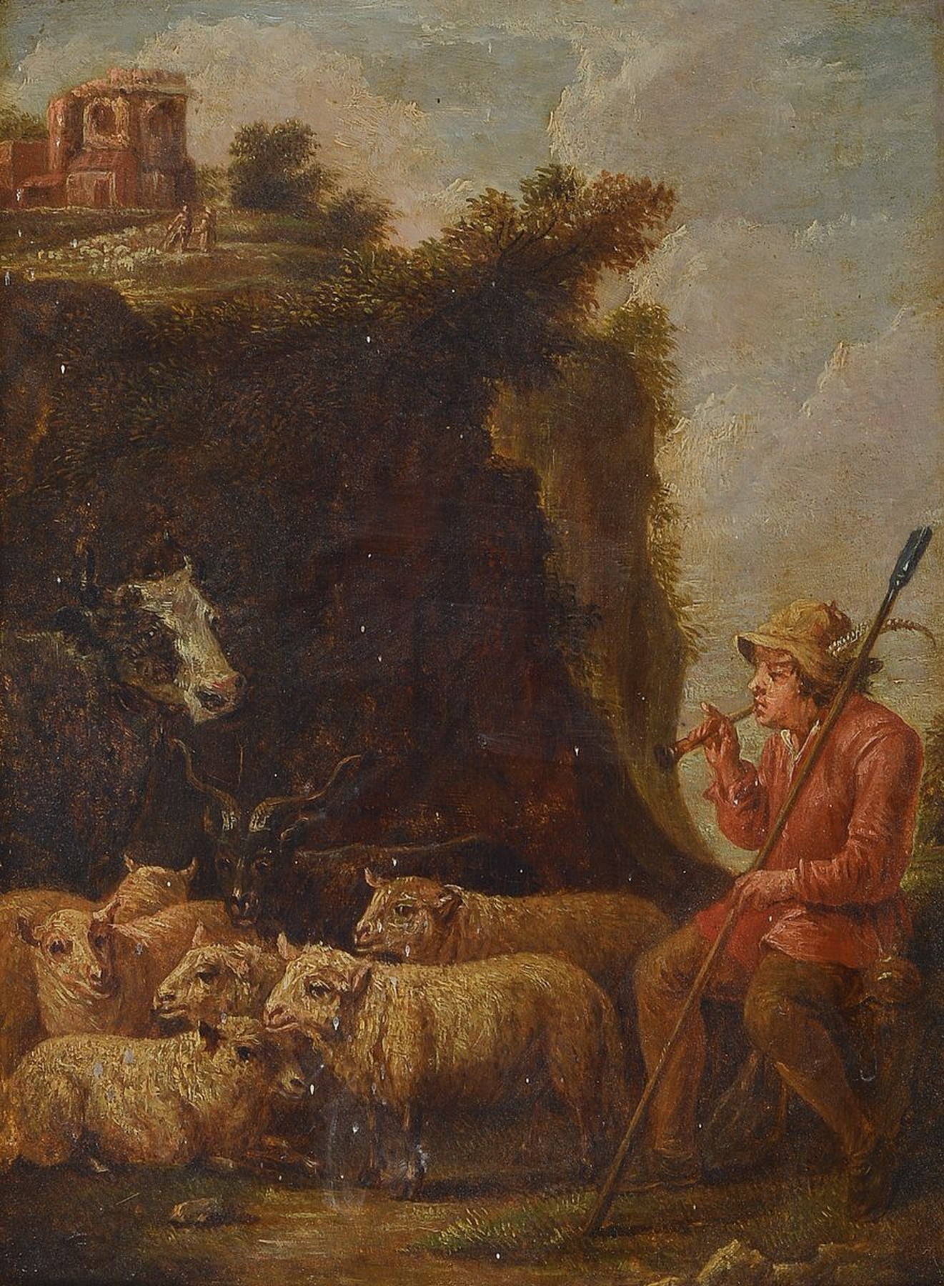 Französischer Künstler, um 1820/30, nach barockem Vorbild, Schäfer mit Tieren, Öl/Holz, unsigniert, ca. 35 x 27 cm, Rahmen