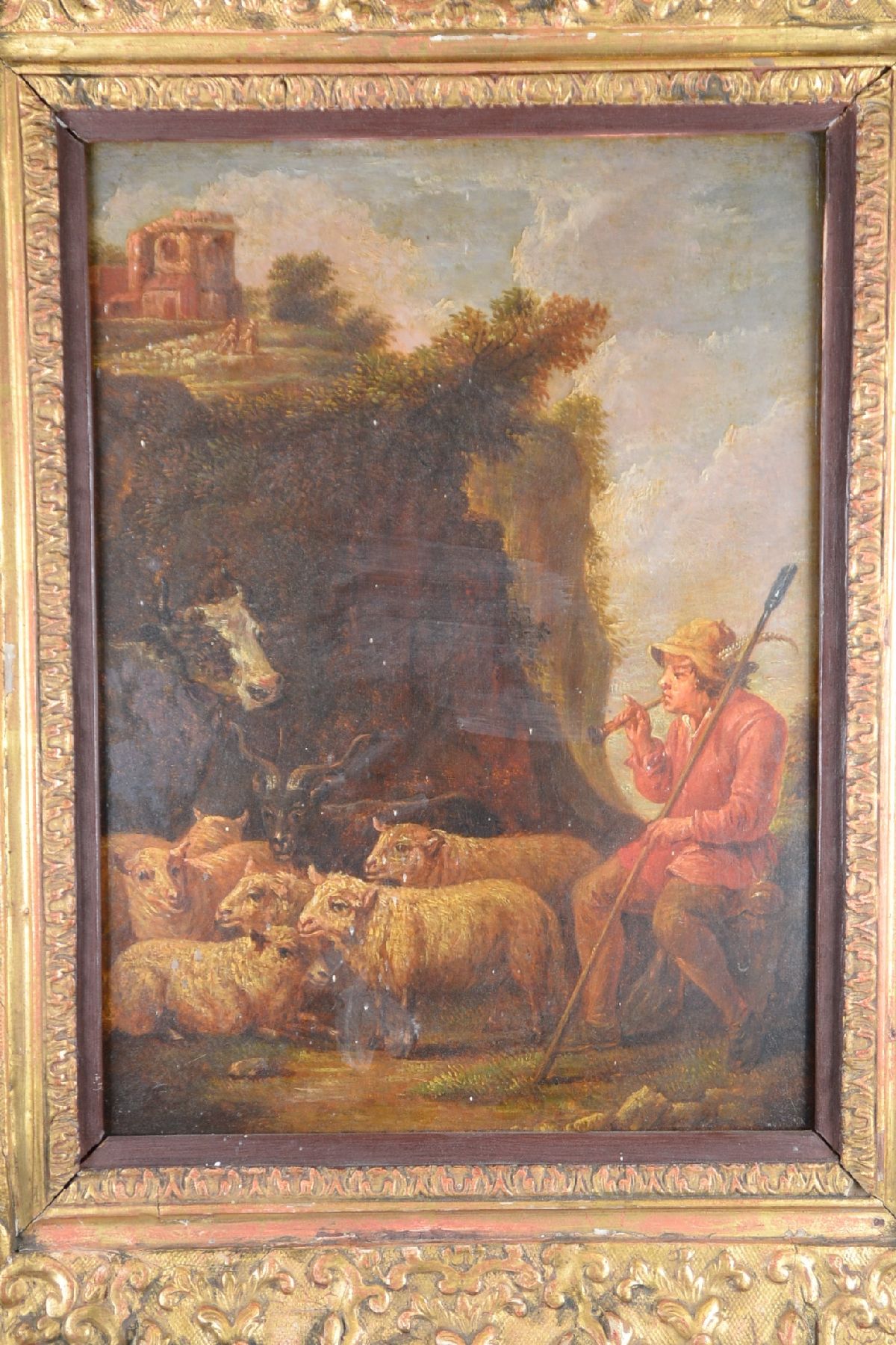 Detail b: Französischer Künstler, um 1820/30, nach barockem Vorbild, Schäfer mit Tieren, Öl/Holz, unsigniert, ca. 35 x 27 cm, Rahmen