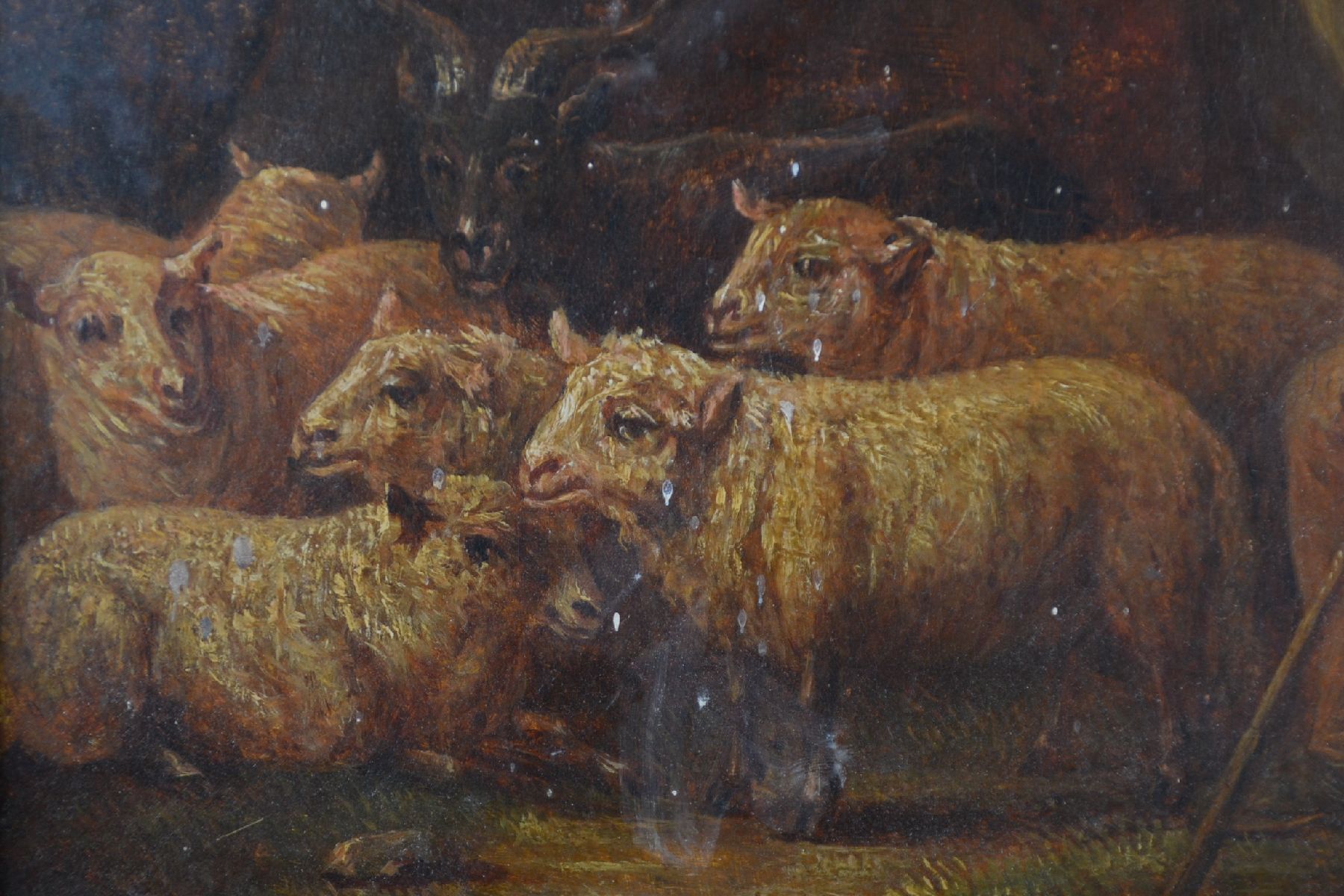 Detail d: Französischer Künstler, um 1820/30, nach barockem Vorbild, Schäfer mit Tieren, Öl/Holz, unsigniert, ca. 35 x 27 cm, Rahmen