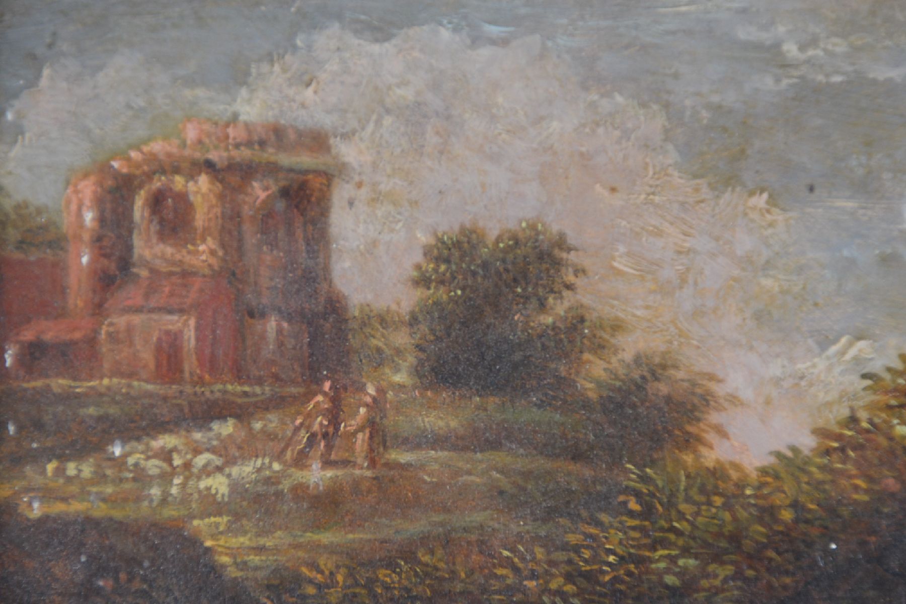 Detail f: Französischer Künstler, um 1820/30, nach barockem Vorbild, Schäfer mit Tieren, Öl/Holz, unsigniert, ca. 35 x 27 cm, Rahmen