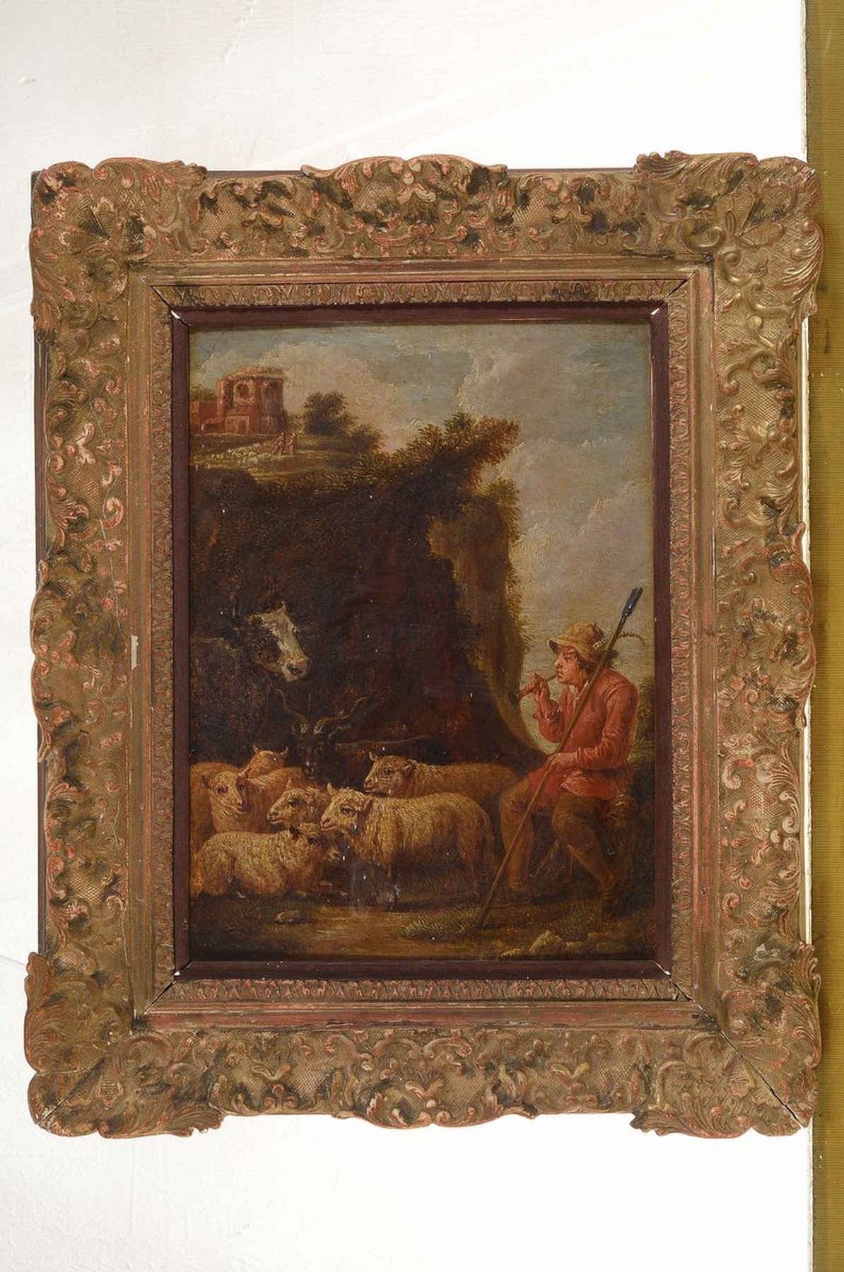 Detail k: Französischer Künstler, um 1820/30, nach barockem Vorbild, Schäfer mit Tieren, Öl/Holz, unsigniert, ca. 35 x 27 cm, Rahmen