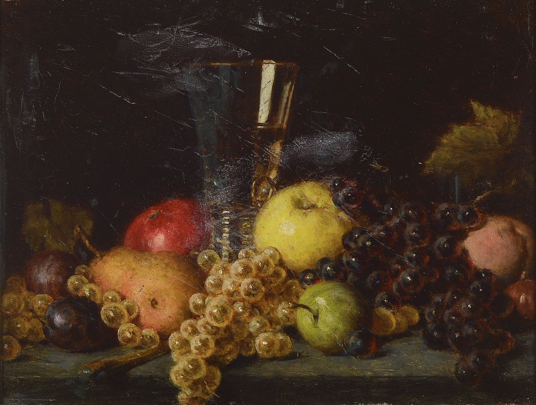 Theodor van der Beek, 1838 - 1921, Stillleben mit Obst und Glas, Öl/ Mahagoniplatte, mittig unten signiert, leicht verschmutzt, ca. 33 x 42 cm, ...