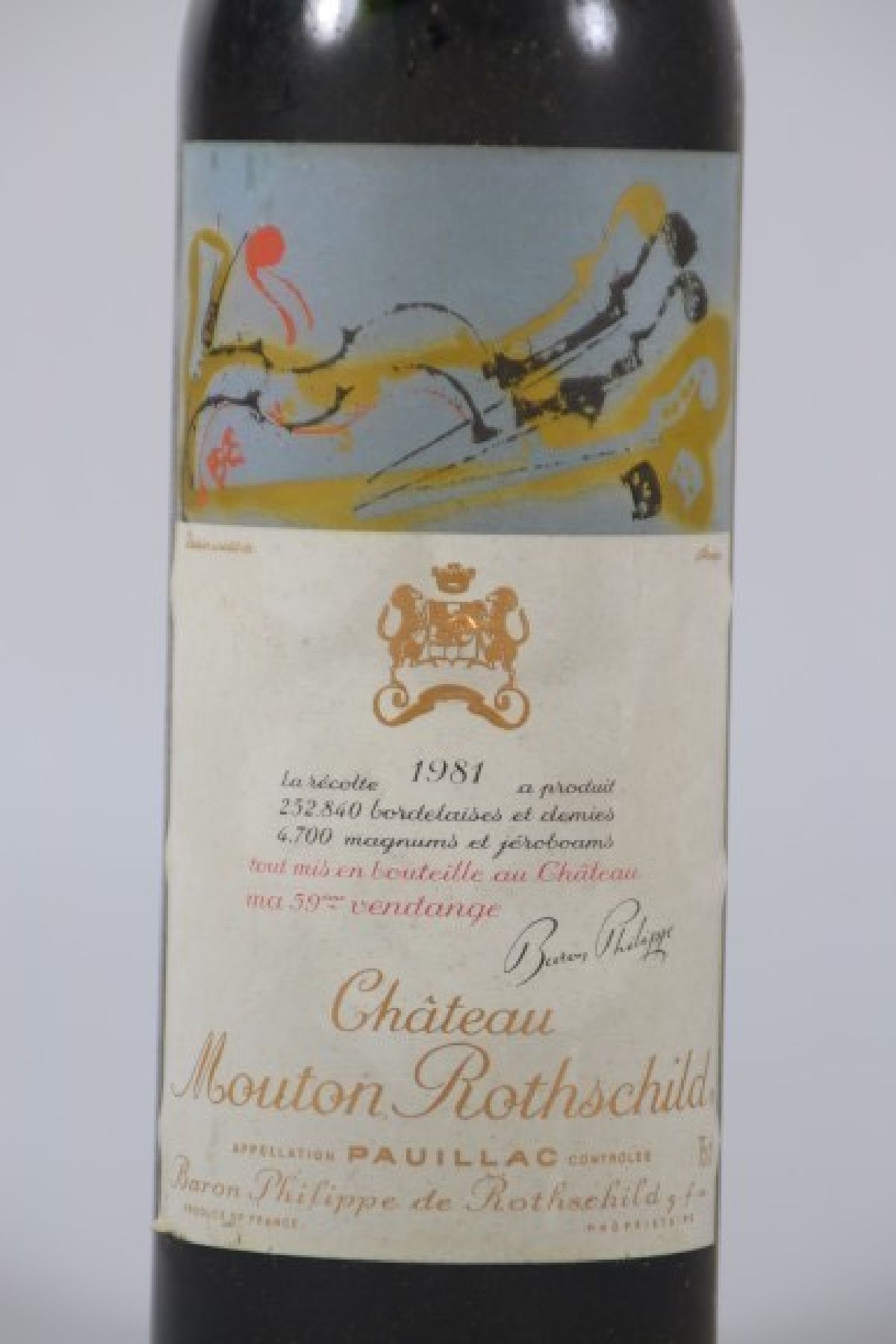 Detail a: 1 Flasche Chateau Mouton Rothschild, 1981, Baron Philippe de Rothschild, Paulliac, 75cl, into shoulder, orig. verkorkt, unverkostet