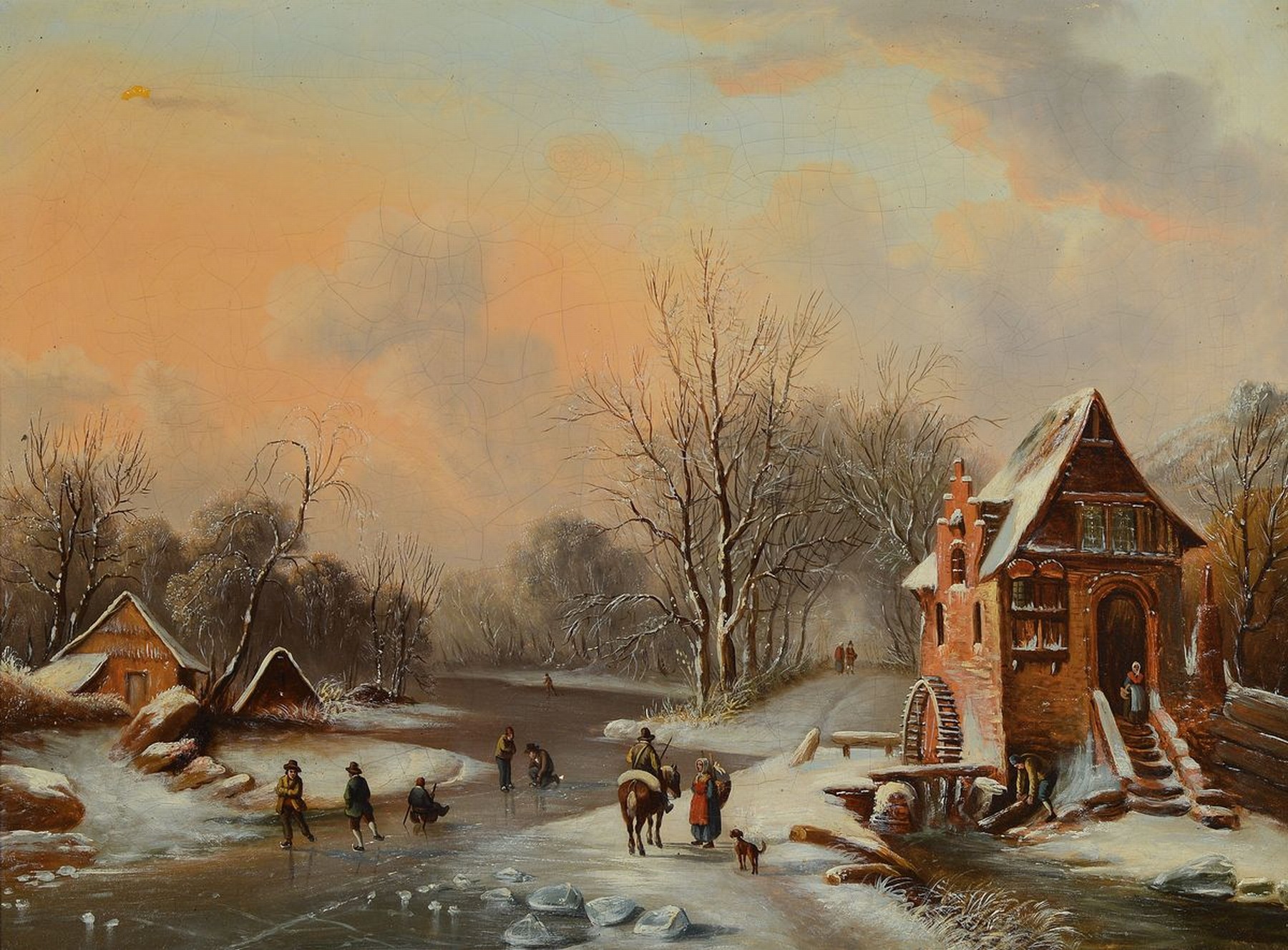 Unbekannter Künstler, Niederlande, 2. Hälfte 19. Jh., Holländische Winterlandschaft mit Schlittschuhläufern, Öl/Lwd, rest., ca. 54x 72cm, R. ca. ...