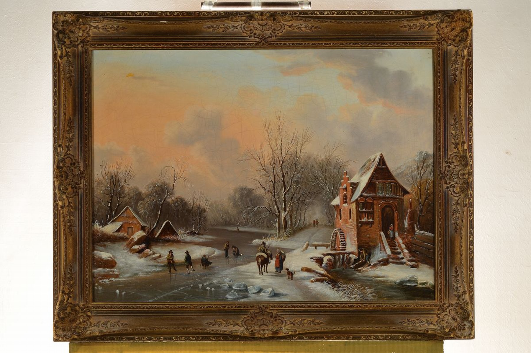 Detail k: Unbekannter Künstler, Niederlande, 2. Hälfte 19. Jh., Holländische Winterlandschaft mit Schlittschuhläufern, Öl/Lwd, rest., ca. 54x 72cm, R. ca. ...