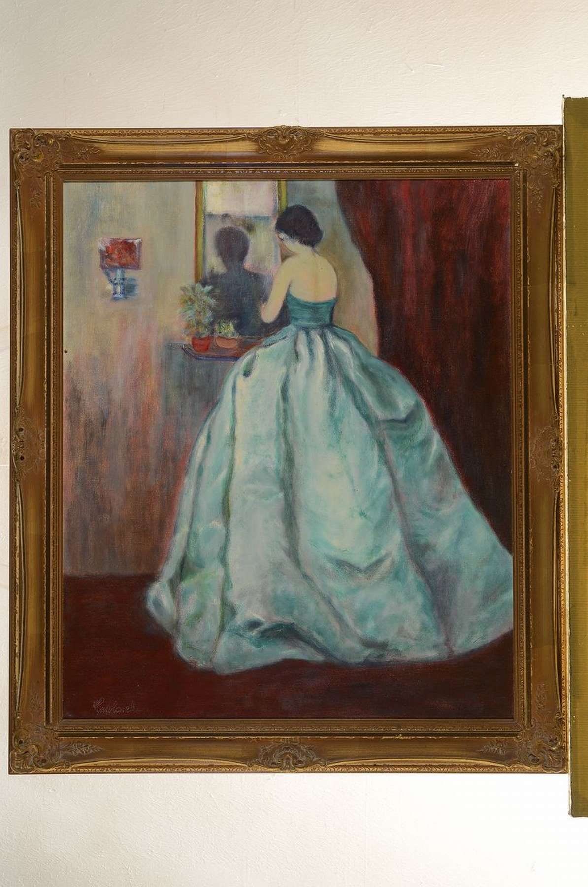 Detail k: Smolarek, Maler*in der 1. Hälfte des 20. Jh., Frau im Abendkleid vor einem Spiegel, Öl/Lwd, links unten signiert, ca. 60x50cm, R. ca. 70x60cm, auf ...