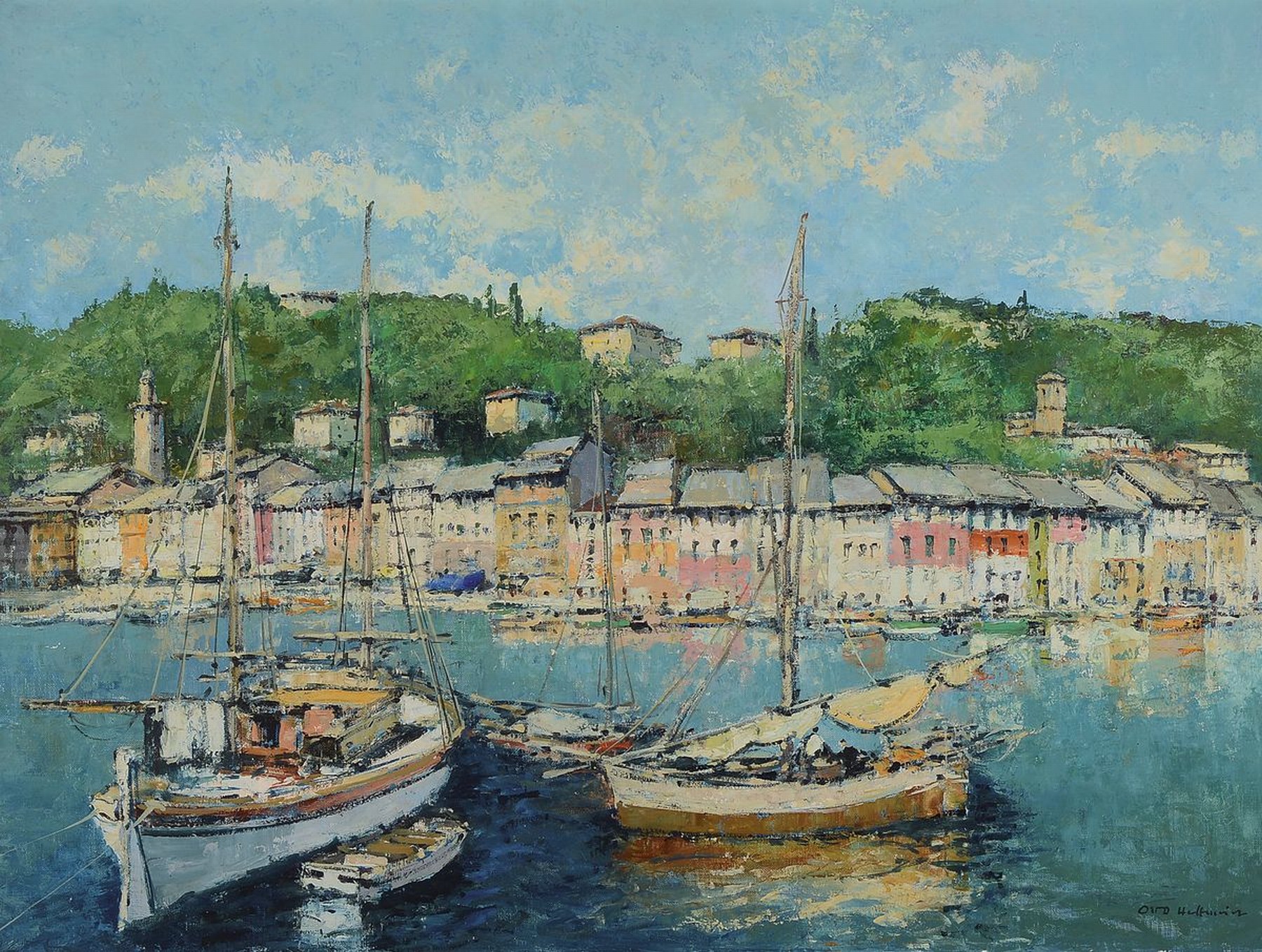 Otto Hellmeier, 1908-1996 Weilheim, Fischerboote vor einer südlichen Küstenstadt, Öl/Lwd, rechts unten signiert, ca. 60x80cm, R. ca. 74x94 cm