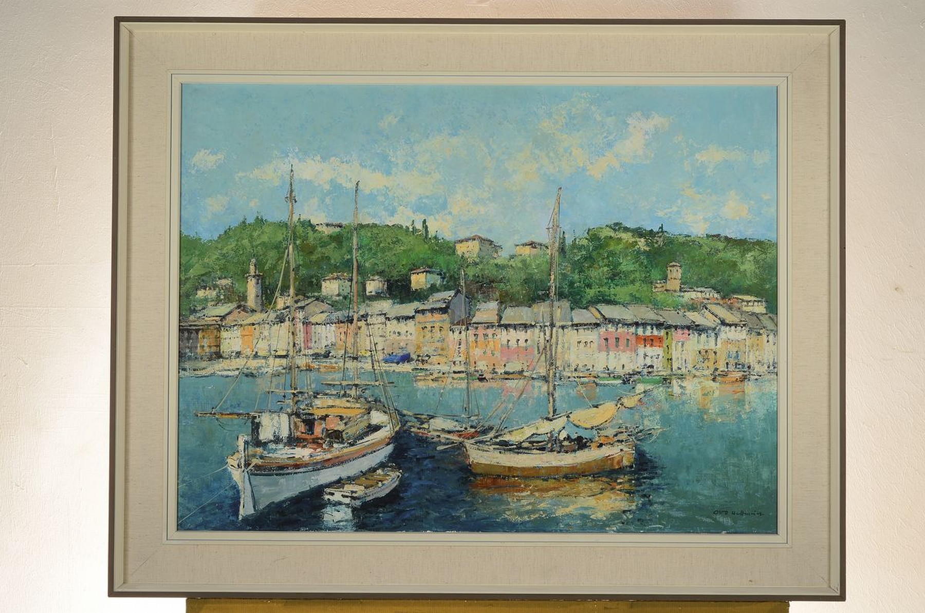 Detail k: Otto Hellmeier, 1908-1996 Weilheim, Fischerboote vor einer südlichen Küstenstadt, Öl/Lwd, rechts unten signiert, ca. 60x80cm, R. ca. 74x94 cm