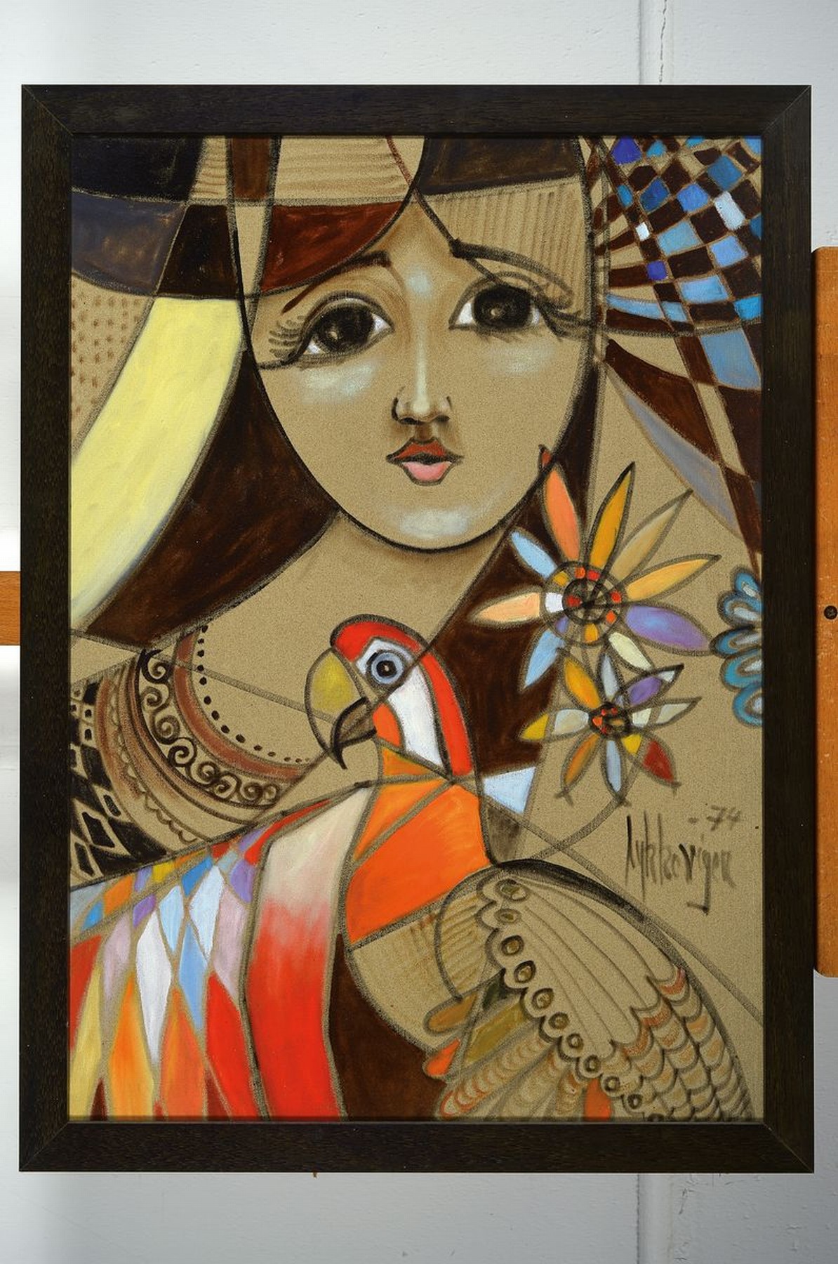 Detail k: Lykke Vigen, 1927-2009, dänischer Maler, Frau mit Papagei, Mischtechnik auf Lwd, auf rauer Grundierung, signiert und dat. 74, ca. 68x47cm, R.