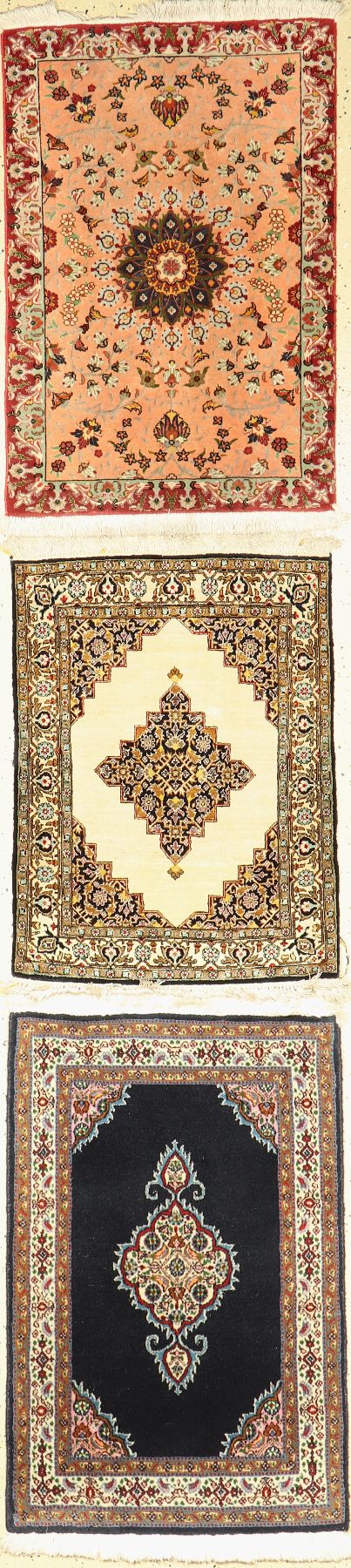 3 Lots ,Täbriz fein(Korkwolle mit Seide,ca, 50Jahre,ca, 87 x 58 cm),Ghom Seide(Persien,ca. 60 Jahre,reine Naturseide,ca, 78 x 57 cm), Mud fein ...
