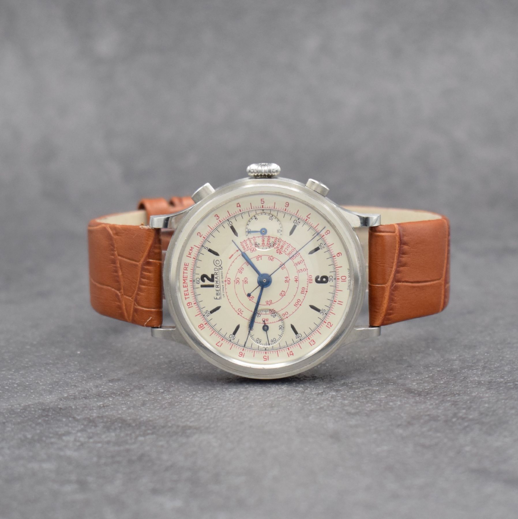 EBERHARD & Co Kaliber 1600 sehr schöner großer Armbandchronograph in Stahl, Schweiz um 1940, Handaufzug, gestuftes Geh., Boden & Glasrand gedr., ...