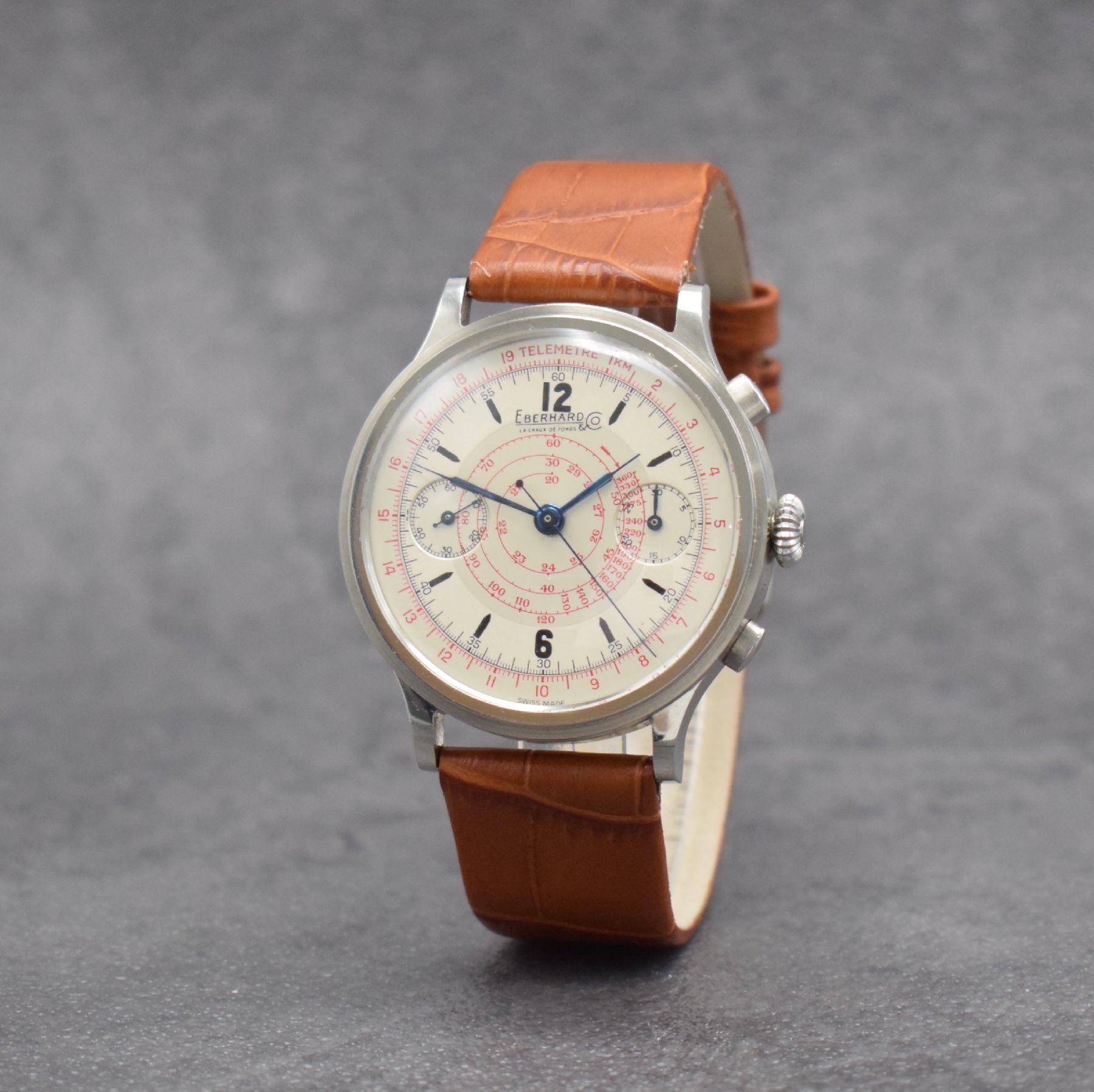 Detail b: EBERHARD & Co Kaliber 1600 sehr schöner großer Armbandchronograph in Stahl, Schweiz um 1940, Handaufzug, gestuftes Geh., Boden & Glasrand gedr., ...