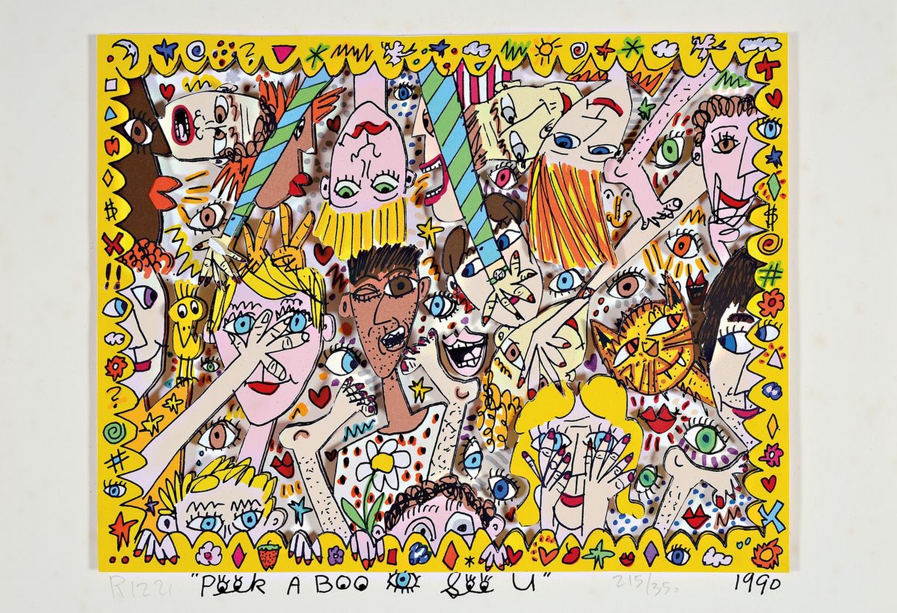 James Rizzi, 1950-2011, "Peek A Boo..", 3D-Konstruktion, handsign., num. 215/350, dat. 1990, ca. 23x27 cm, stockfleckig,