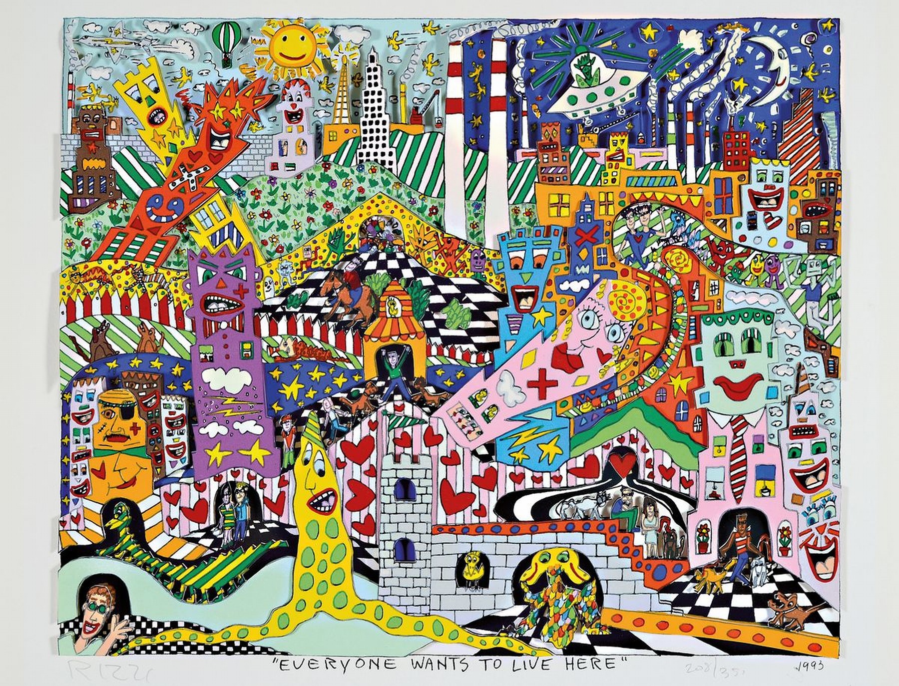 James Rizzi, 1950-2011, "Everyone wants to live here", 3D-Konstruktion, handsign., num. 208/350, dat. 1993, ca. 32x35 cm