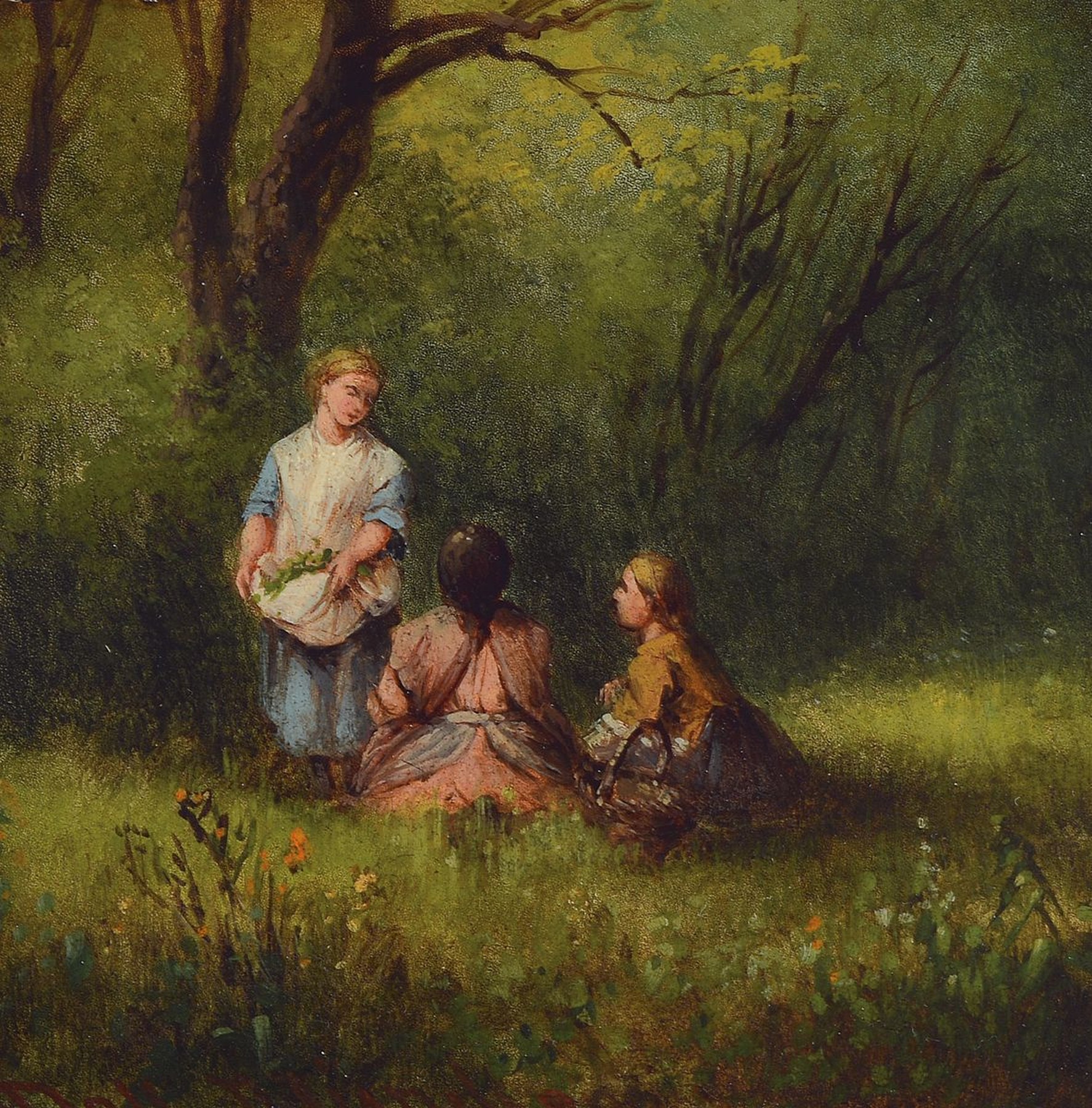 Anton Doll, 1826-1887 München, drei Mädchen unter einem Baum auf der Wiese, Öl/Malkarton, links unten signiert: A.Doll München, ca. 14x14cm, R. ...