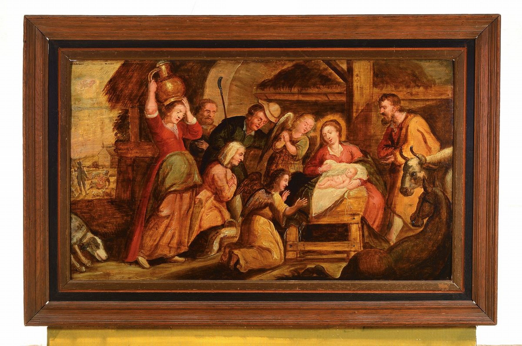 Detail k: Unbekannter Künstler, Niederlande, Ende 18. Jh., Die Geburt Christi und die Anbetung der Hirten, Öl/Holz, ca. 41x70cm, R. ca. 56x 85cm, rest.