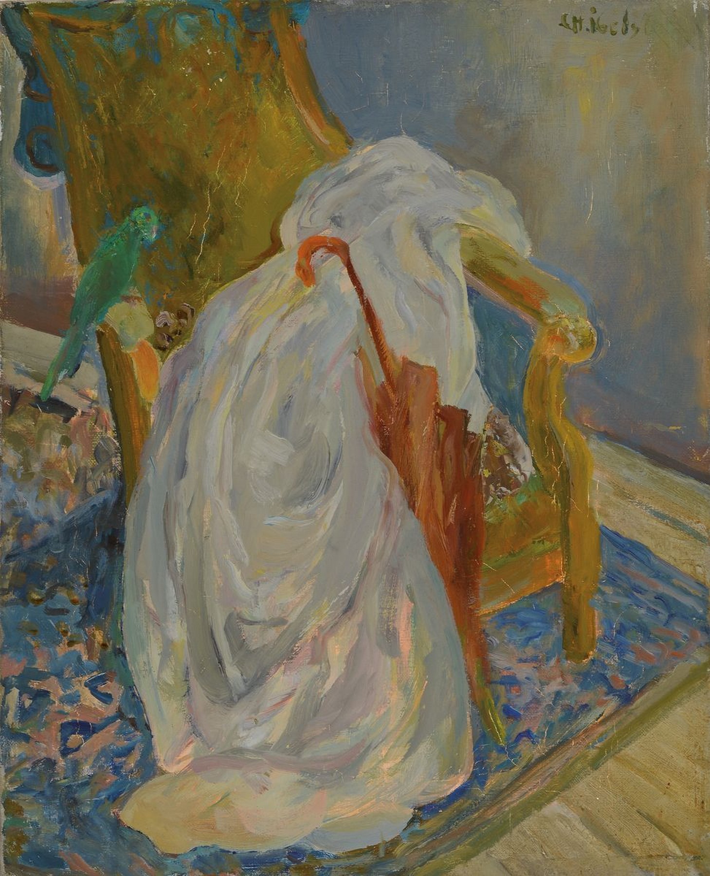Charlotte Ibels, Malerin des 20. Jh., Stillleben mit Sessel, Decke und Schirm, auf der Armlehne ein Sittich, Öl/Lwd, rechts oben signiert, ca. 41x33 ...