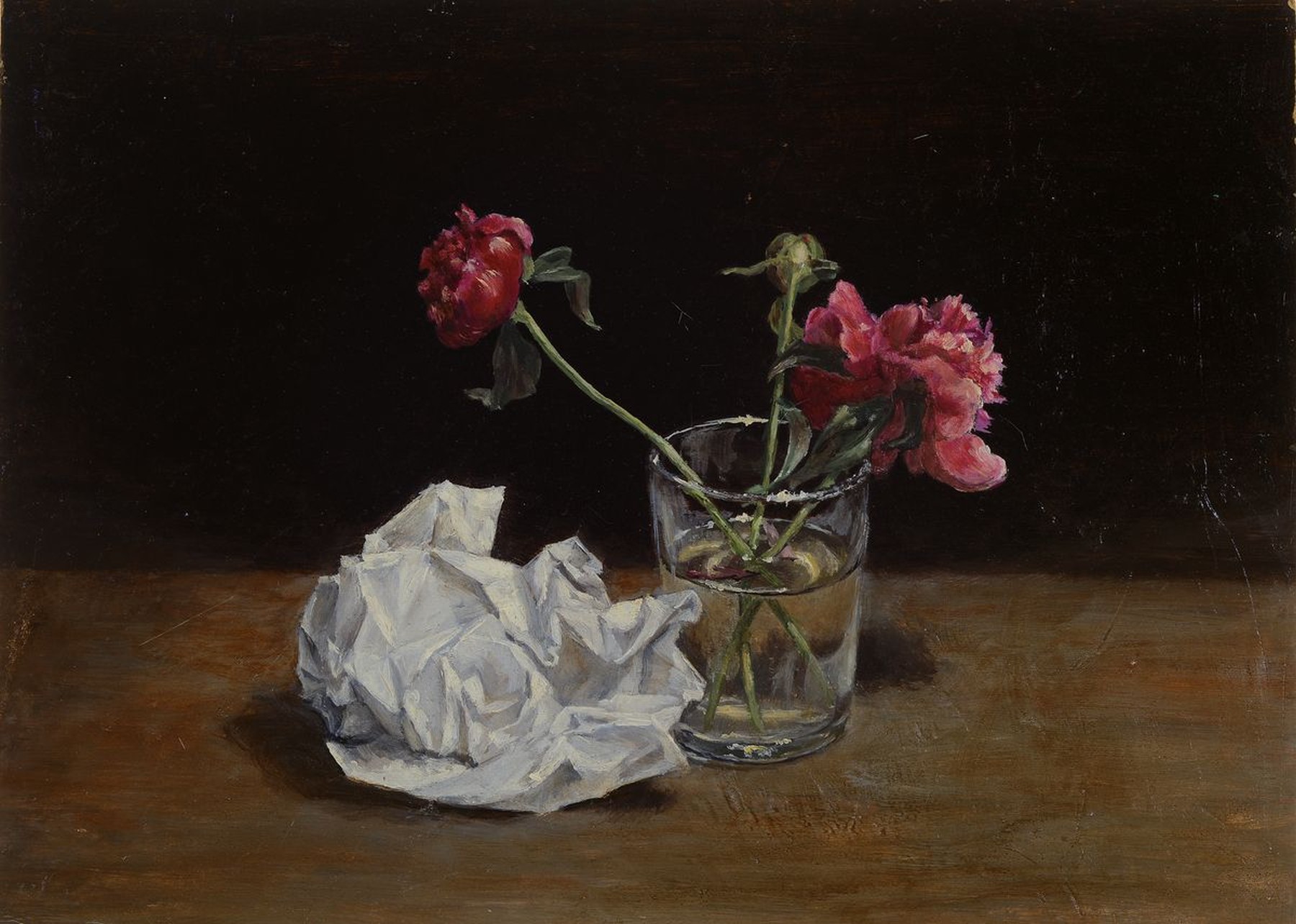 Unbekannter Künstler, wohl Frankreich, um 1900, Stillleben mit Nelken im Wasserglas und zerknülltem Papier, Öl/Malkarton, ca. 26x36 cm