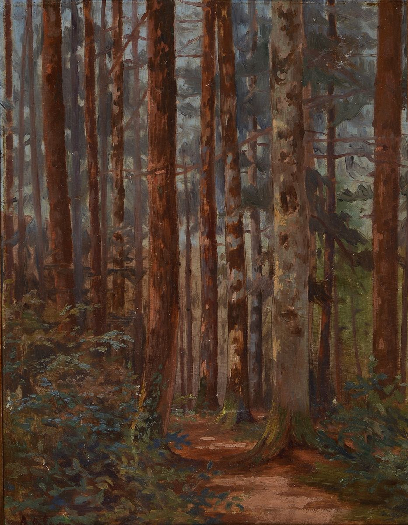 Unbekannter Künstler, 1. Hälfte 20. Jh., Waldinterieur, Öl/Malkarton, rechts unten unleserlich signiert: A. Polo... o.ä., ca. 36x28 cm, R. 49x41 ...