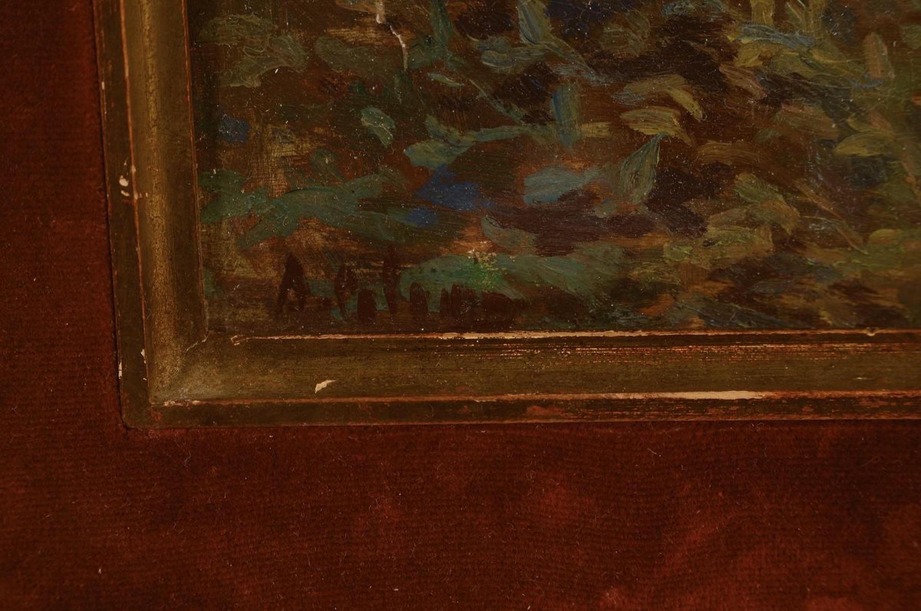 Detail a: Unbekannter Künstler, 1. Hälfte 20. Jh., Waldinterieur, Öl/Malkarton, rechts unten unleserlich signiert: A. Polo... o.ä., ca. 36x28 cm, R. 49x41 ...
