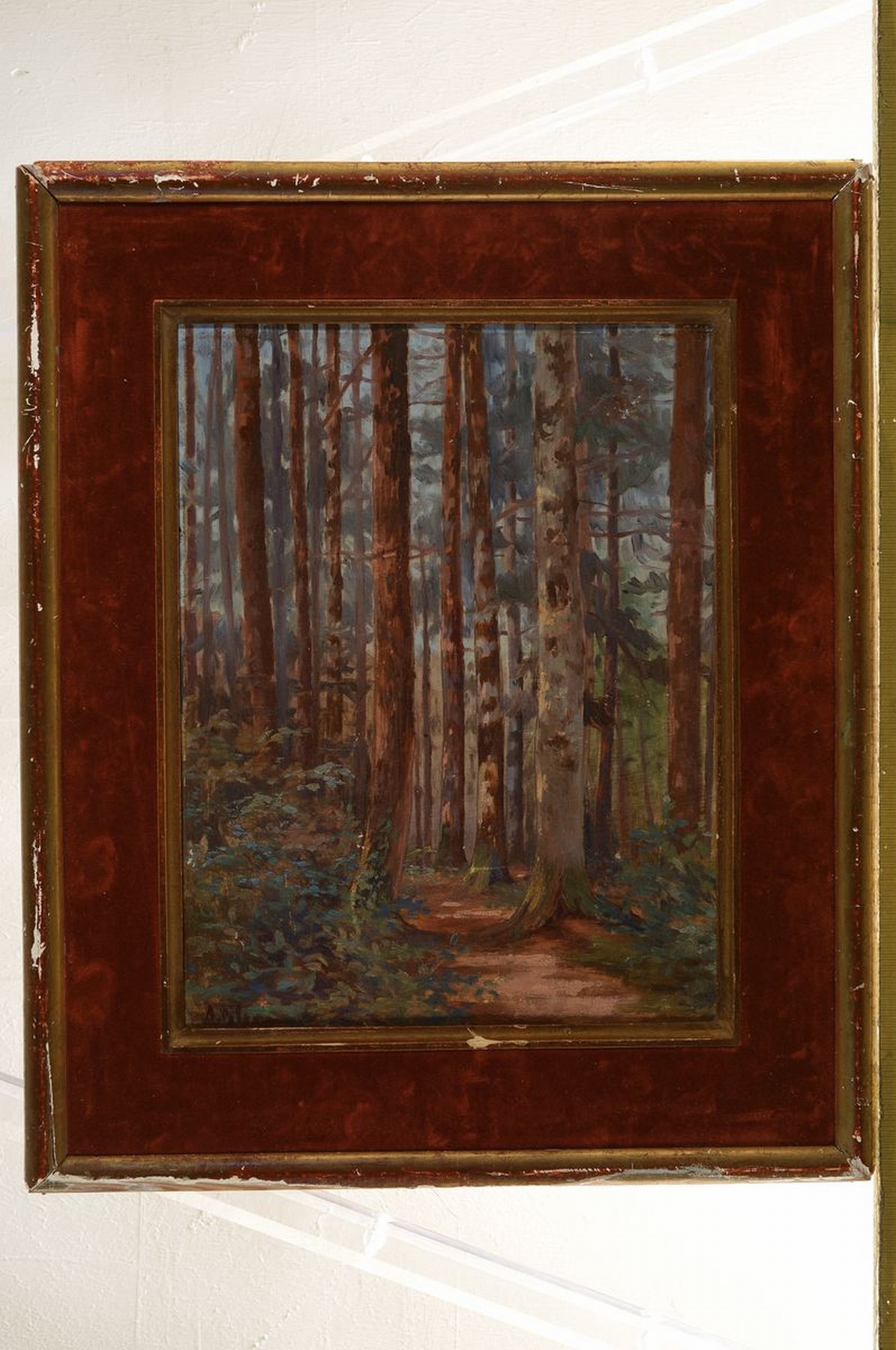 Detail k: Unbekannter Künstler, 1. Hälfte 20. Jh., Waldinterieur, Öl/Malkarton, rechts unten unleserlich signiert: A. Polo... o.ä., ca. 36x28 cm, R. 49x41 ...